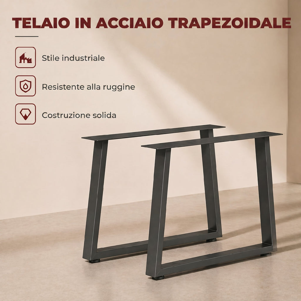 HOMCOM Set of 2 Trapezoidal Steel Table Legs with 12 Holes and 12 Screws, 75 kg Capacity, for Bench, Coffee Table, Black