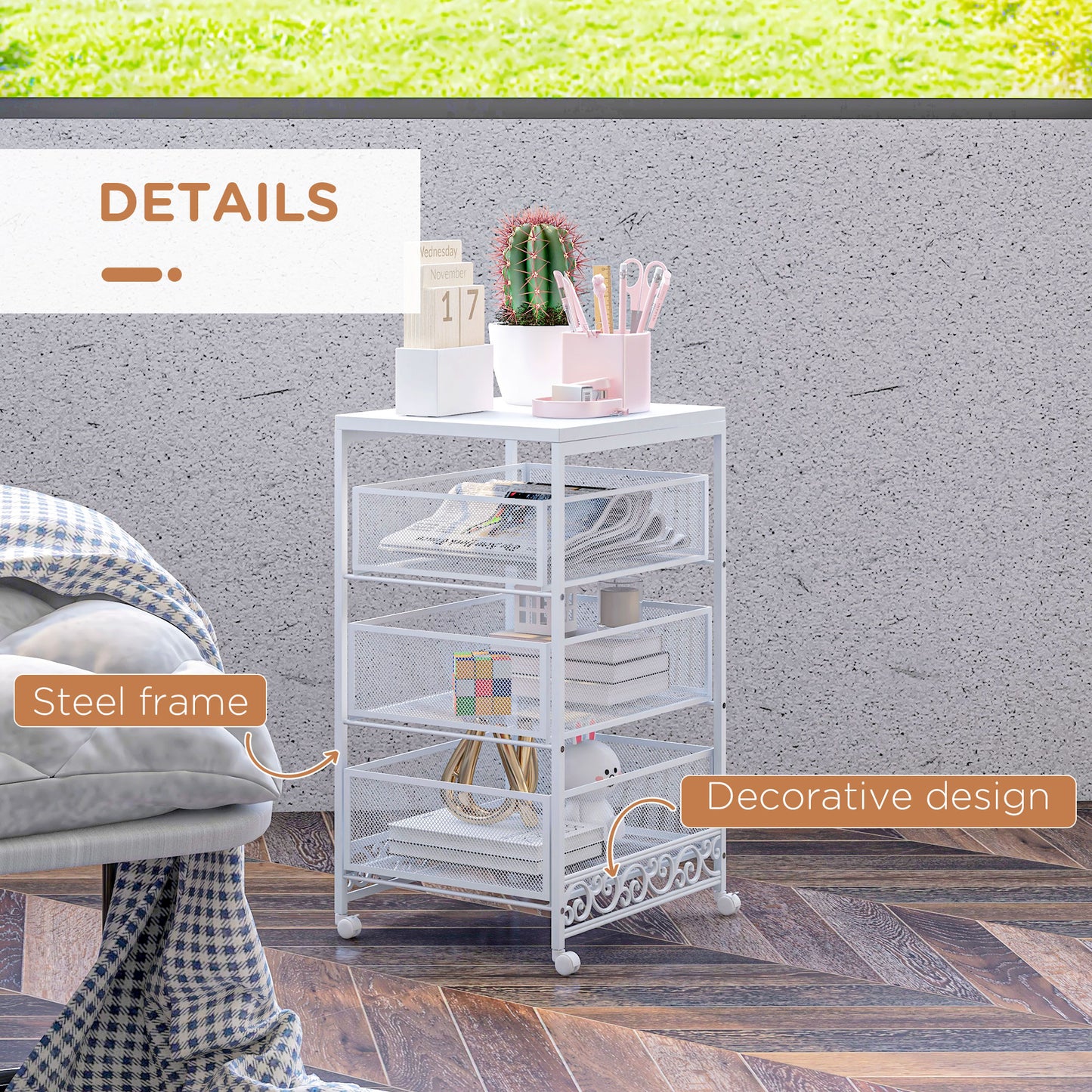 3-Tier Storage Trolley in Chipboard and Steel, 34x29.5x57.5 cm, White