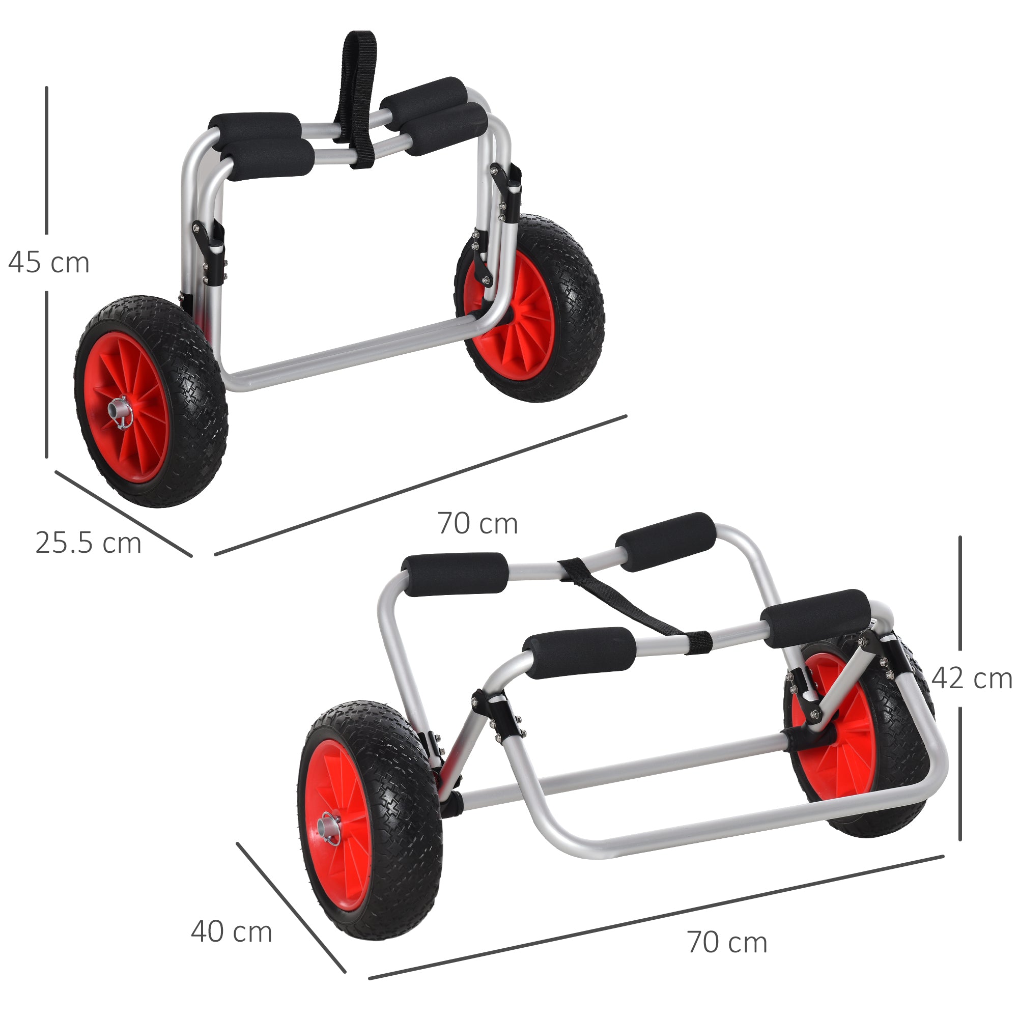 Folding Beach Trolley for Kayak and Canoe with Bumper, in Aluminum and NBR, 70x40x42 cm
