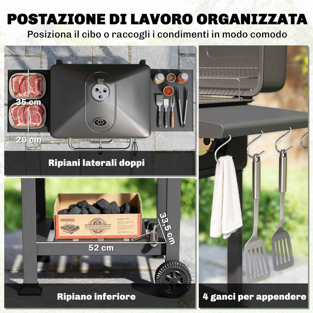 Outsunny Charcoal Barbecue, Portable Smoker with Ventilation, Thermometer and Side Shelves, Black