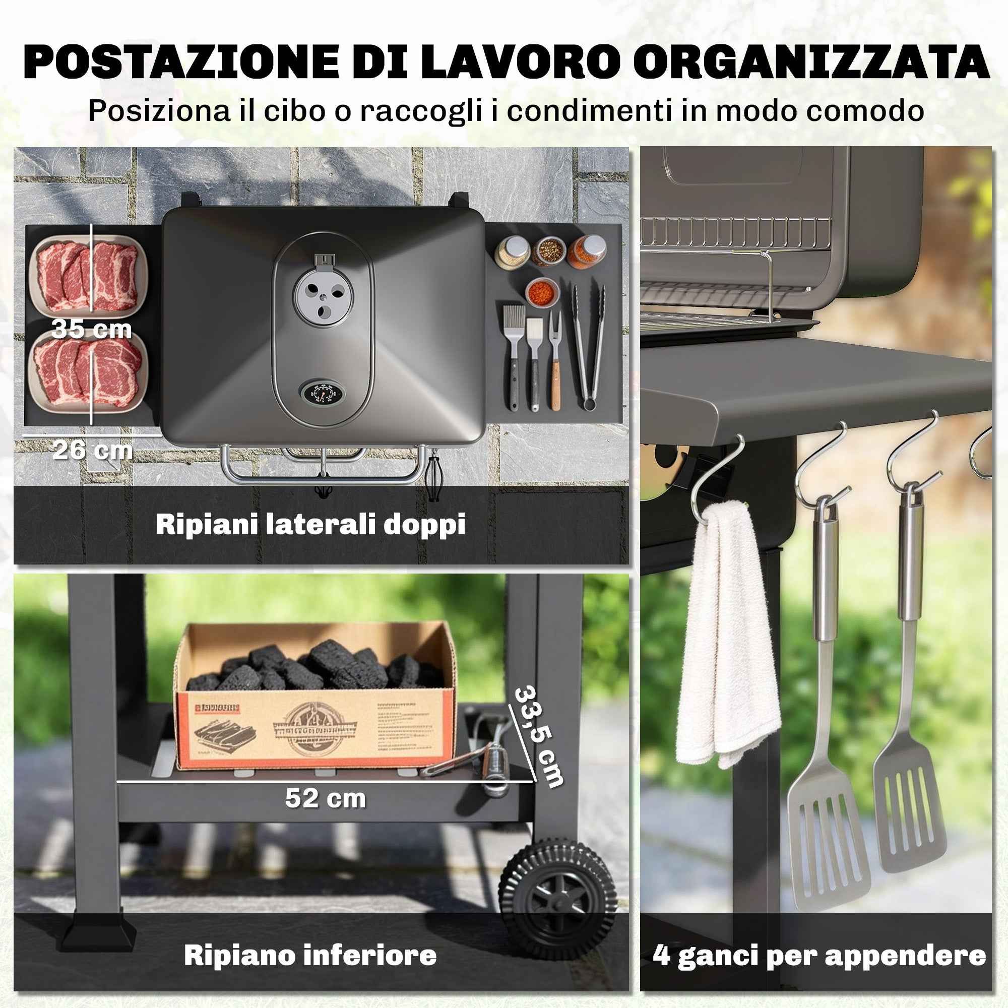Outsunny Charcoal Barbecue, Portable Smoker with Ventilation, Thermometer and Side Shelves, Black