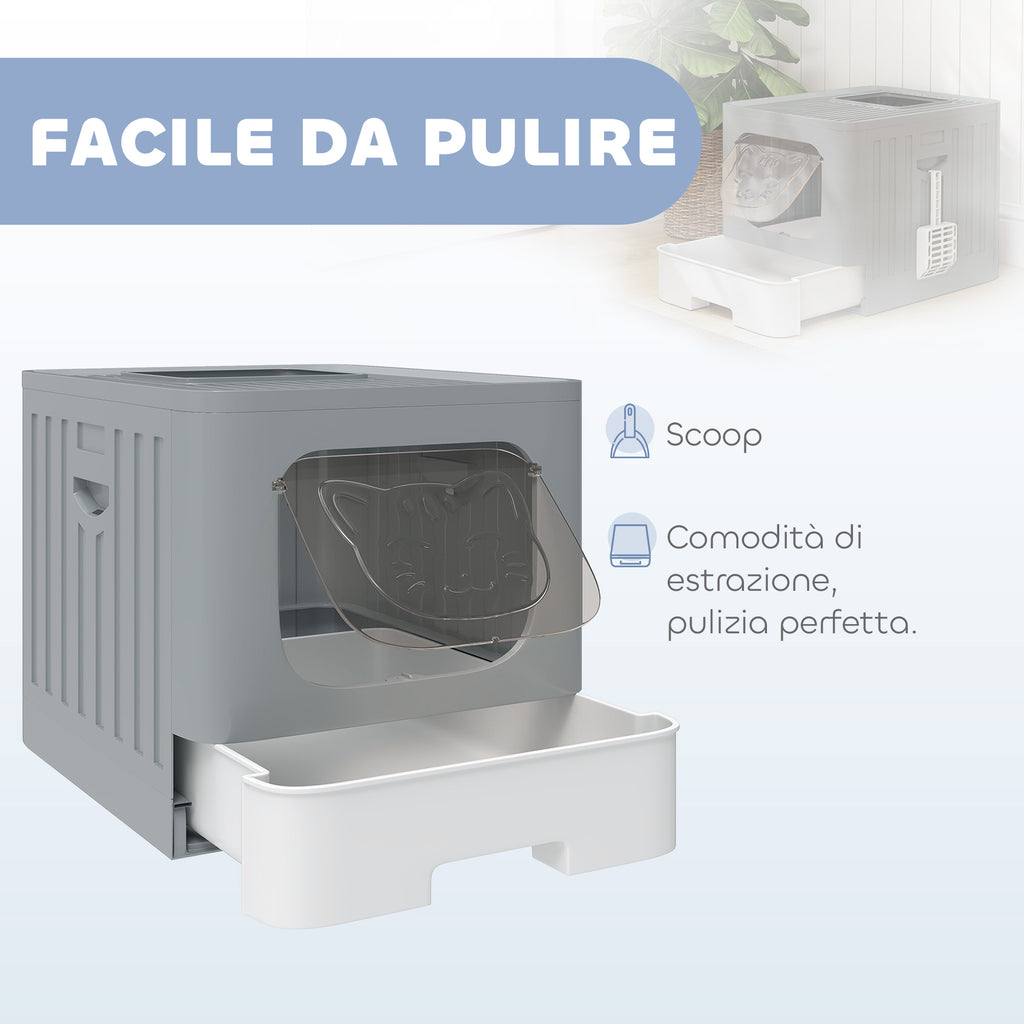 PawHut Cat Litter Box M 60L with Lid, Removable Tray, Scoop, Anti-Leak, Easy to Clean, Grey