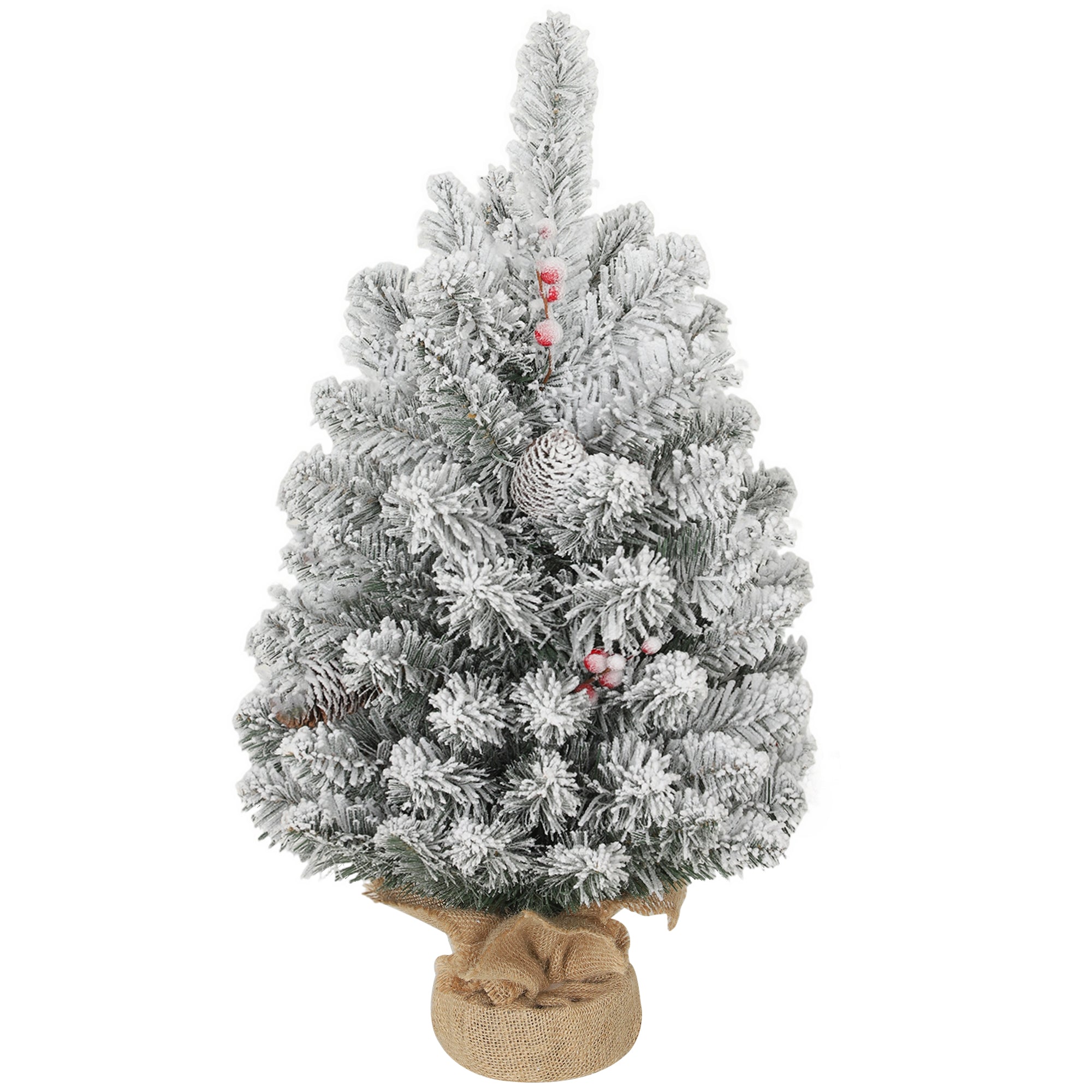Small Christmas Tree 60cm Tall with 72 Snow-Covered Branches, Pine Cones and Red Berries, Green