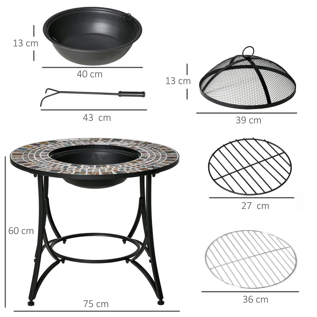 3-in-1 Outdoor Fire Pit with Table, Grill, and Poker, Made of Metal and Ceramic, 75x75x60 cm
