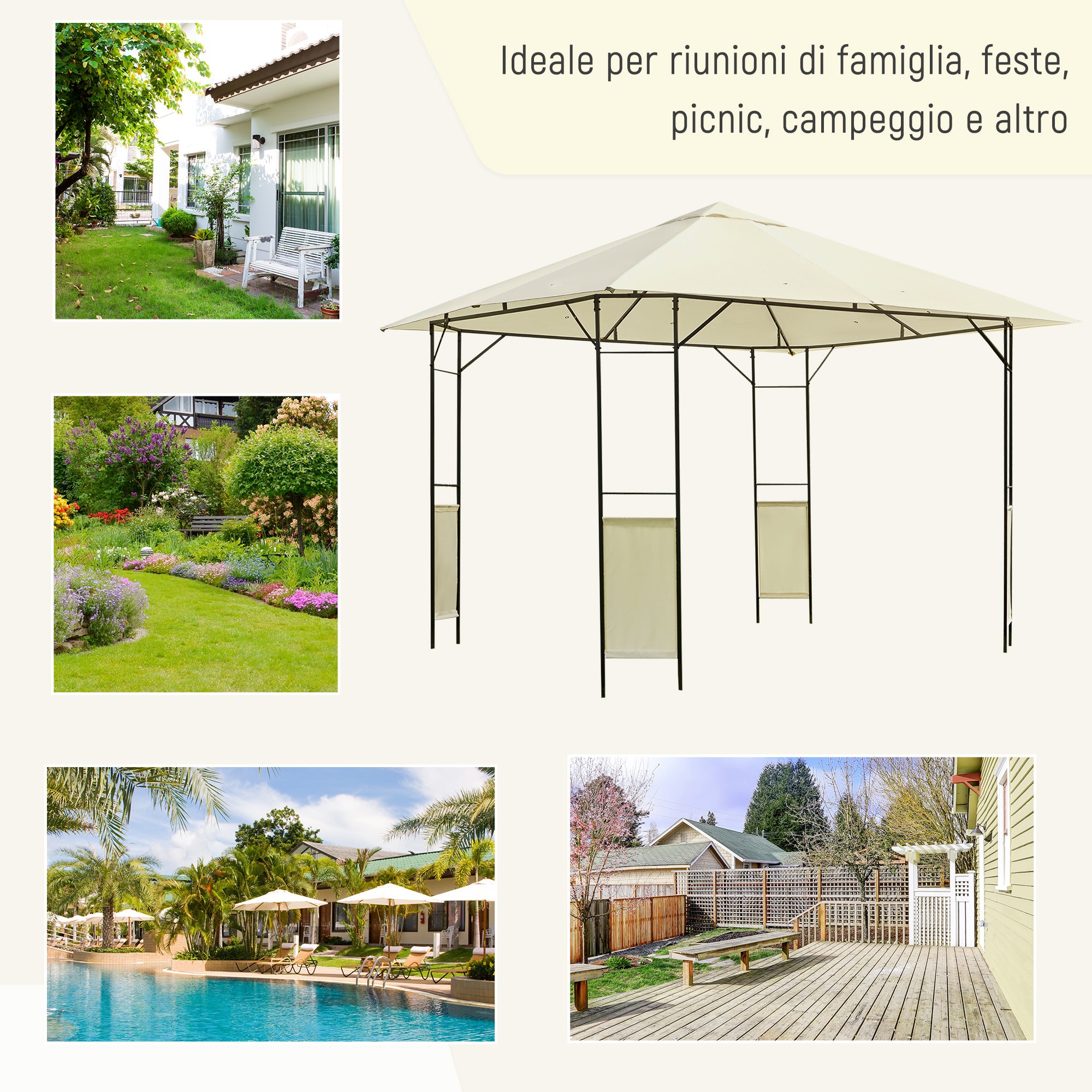 Gazebo 3x3 m with Reinforced Canopy and 4 Screws, Powder-Coated Steel, Black and Cream