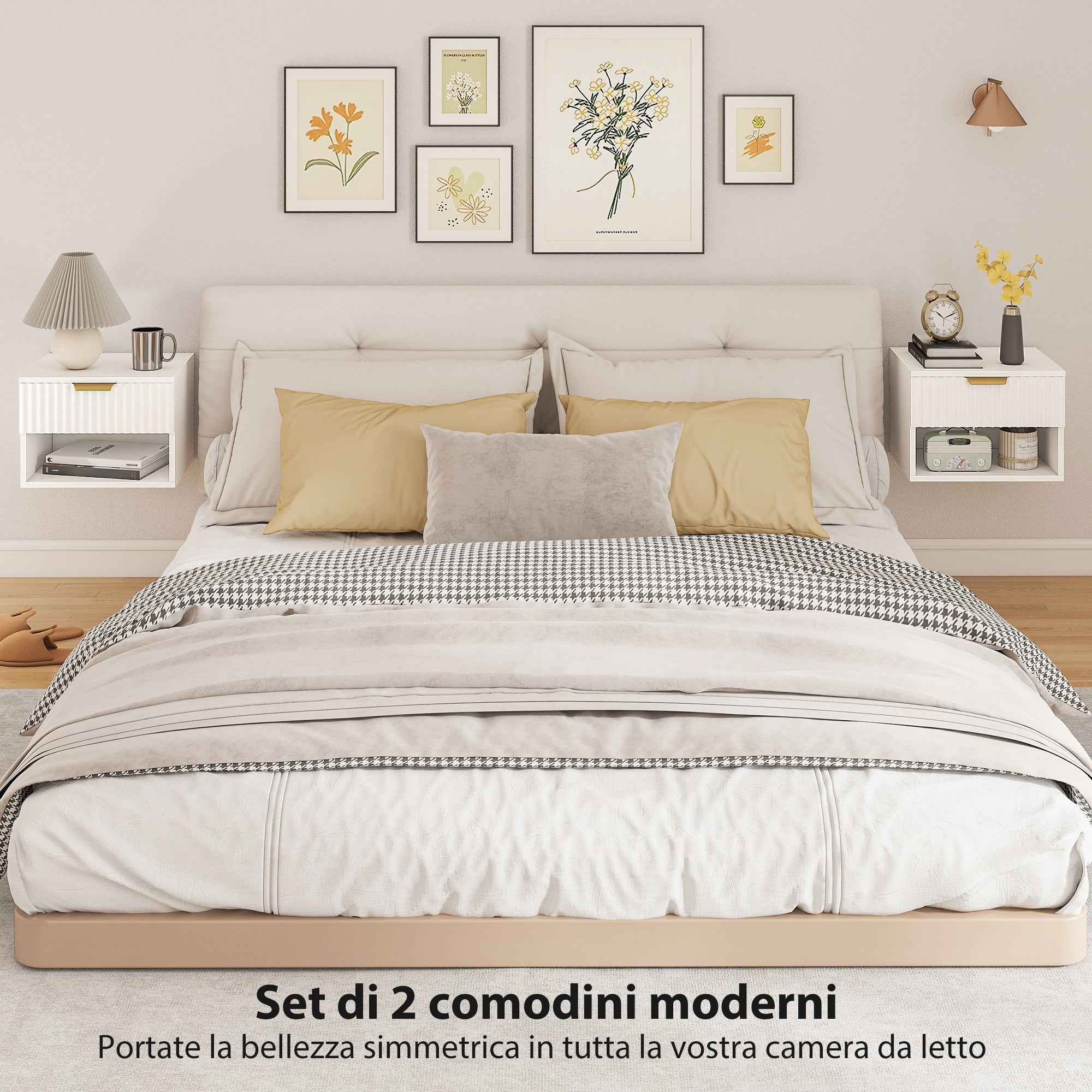 HOMCOM Set of 2 Floating Nightstands with Grooved Panels, Drawer and Shelf, 40x34x29 cm, White