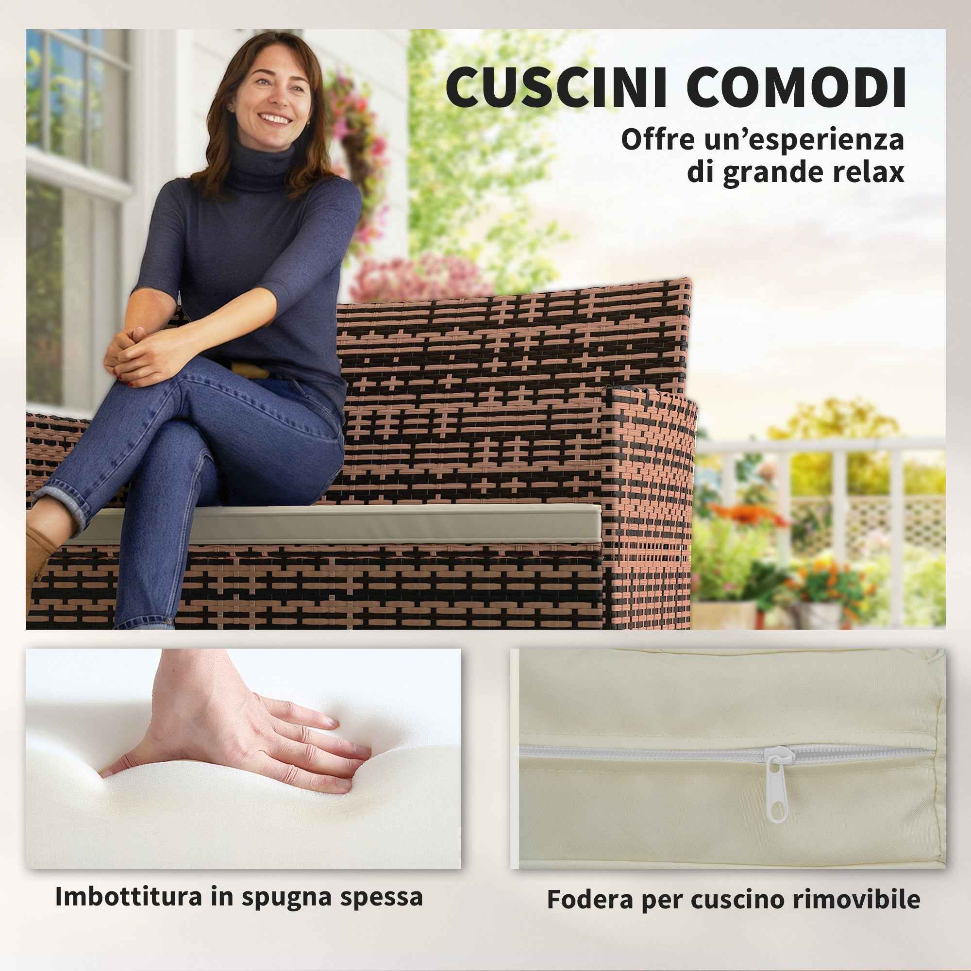 Outsunny 2-Seater Garden Sofa with Cushions and Non-Slip Mats, in Rattan and Steel, 115x63x85 cm, Beige
