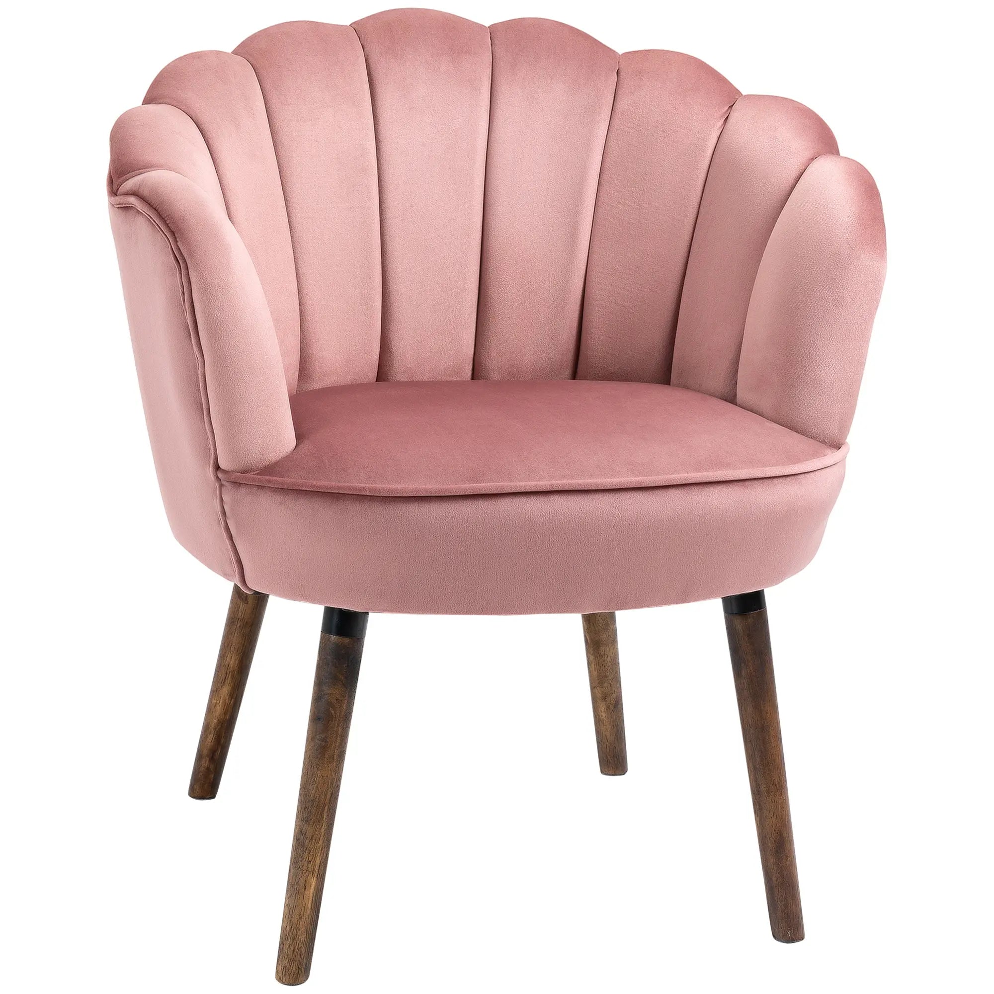 Upholstered Chair with Shell Backrest and Wooden Legs, Velvet Armchair for Living Room and Bedroom, 66x66x78.5cm, Pink