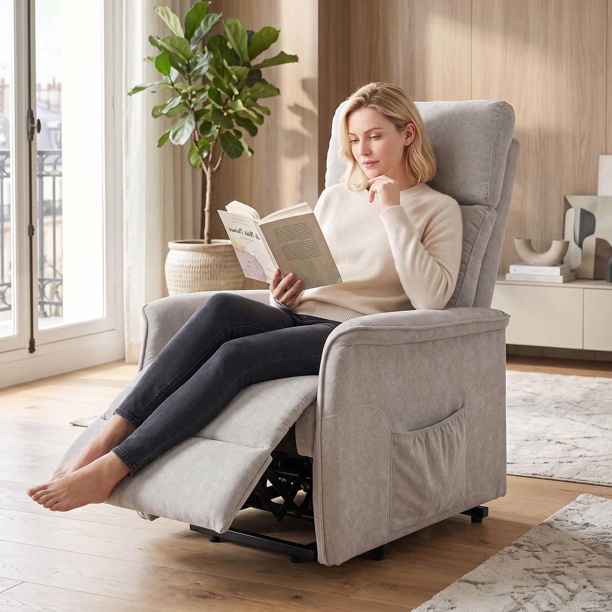 HOMCOM Electric Lift Recliner Chair in Chenille with High Back and Remote Control, Light Grey