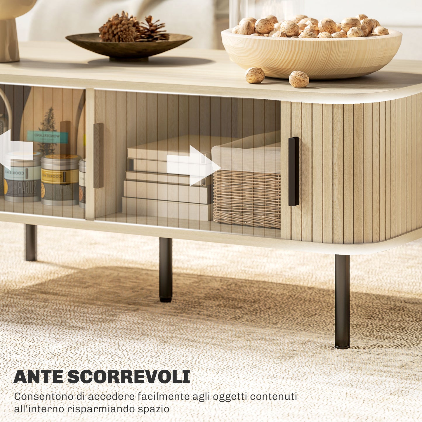 Coffee Table with 2 Storage Shelves and Sliding Doors, in Wood and Steel, 100x55x40 cm, Black and Oak