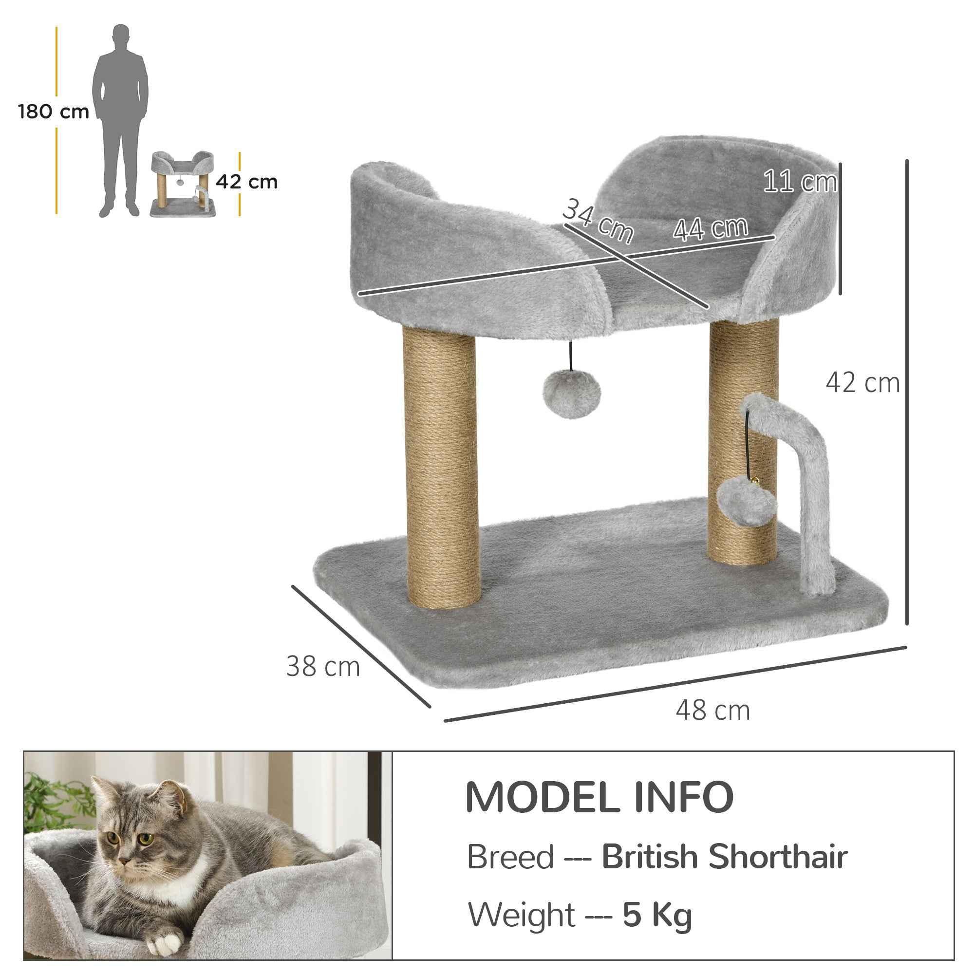 PawHut Cat Tree with Jute Scratching Post, Bed and Balls, 48x38x42 cm, Grey