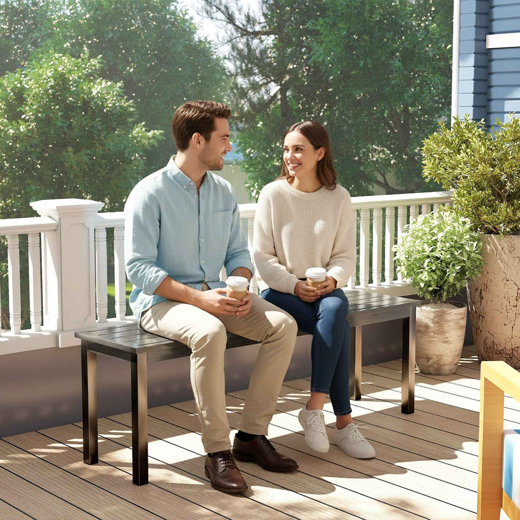 Outsunny 2-Seater Garden Bench with Wood-Effect Slats, Steel Frame, 130x34x43 cm, Grey