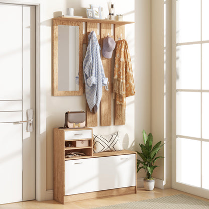 TWENTY | Coat Stand 3 in 1 with Shoe Rack and Mirror, Hooks and Drawers, in Wood, 90x24x177 cm, White and Walnut