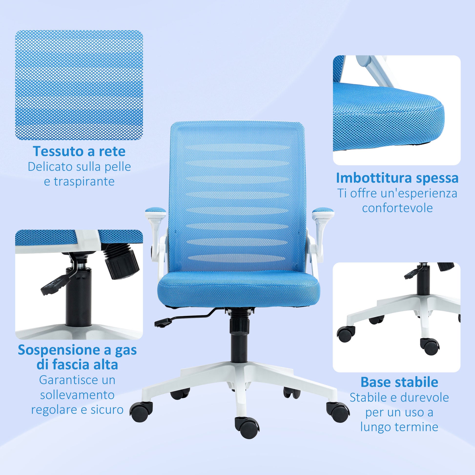 Vinsetto Ergonomic Height-Adjustable Swivel Chair with Armrests, 54x54x89-99 cm, White and Light Blue - Borgè