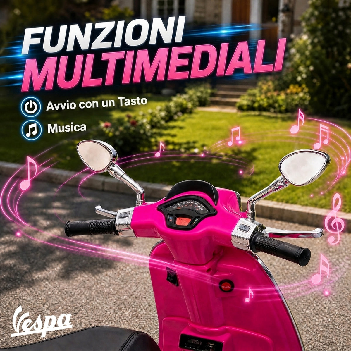 AIYAPLAY Licensed Children's Electric Motorcycle Vespa with Training Wheels, Headlight and Music, Made of PP and Metal, 107x47x73 cm, Pink