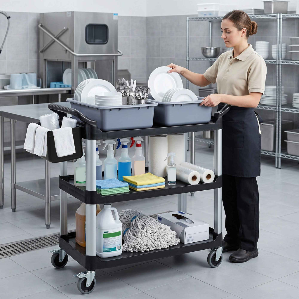 HOMCOM Professional 3-Tier Cleaning Cart with 2 Removable Bins, Side Bin and 4 Wheels, Black