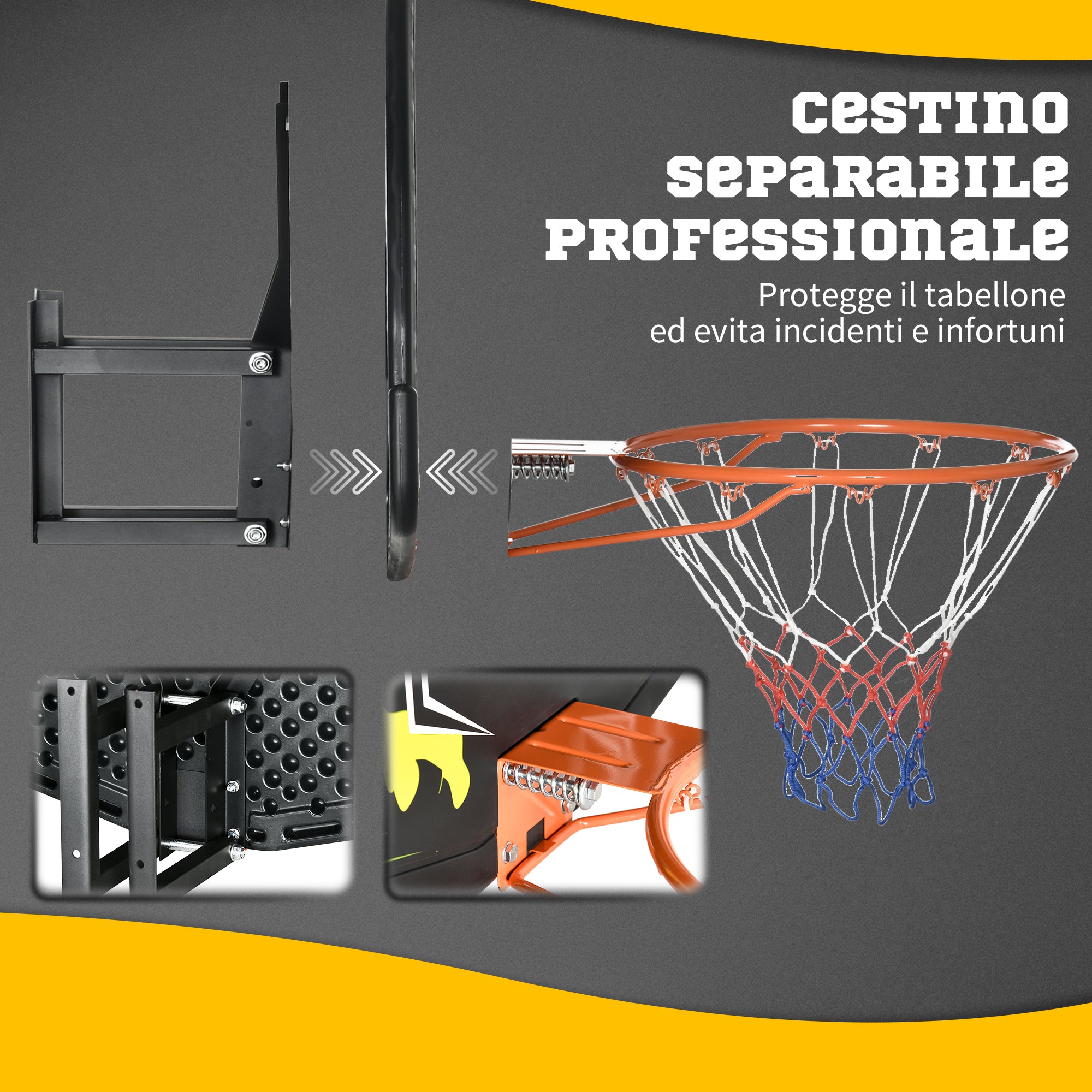 sportnow Basketball Hoop for Children and Adults Indoor and Outdoor in Steel and PE, 110x90x70 cm, Black and Yellow