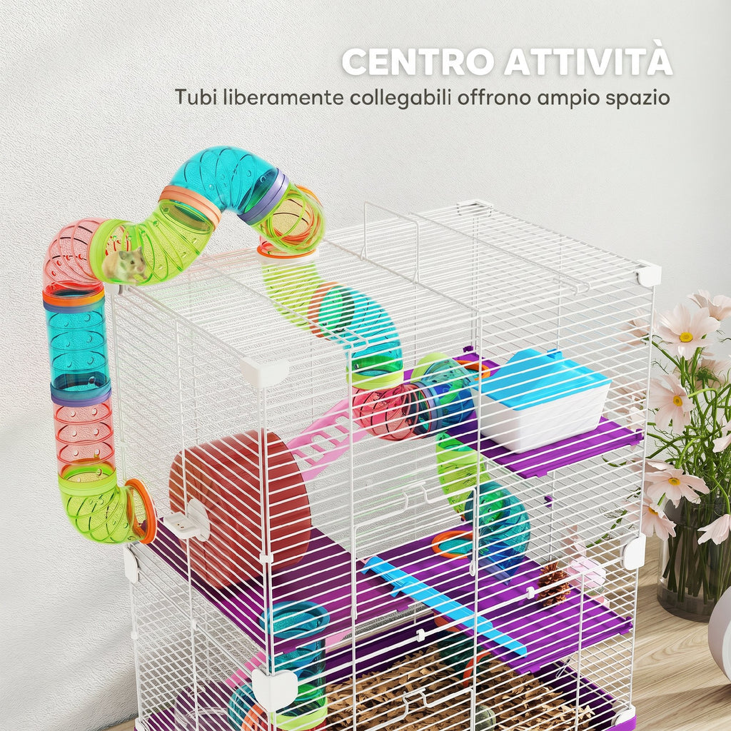 PawHut 5-Level Hamster Cage with Tubes, Wheel, Ladders, House and Bottle, 46x30x58 cm, Purple