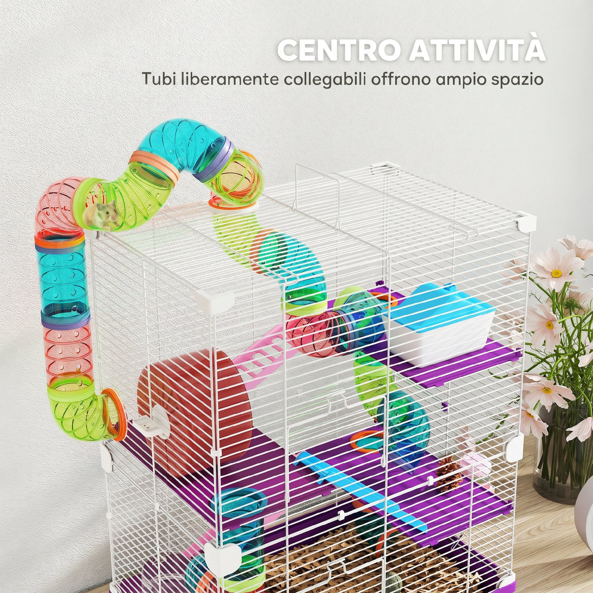 PawHut 5-Level Hamster Cage with Tubes, Wheel, Ladders, House and Bottle, 46x30x58 cm, Purple