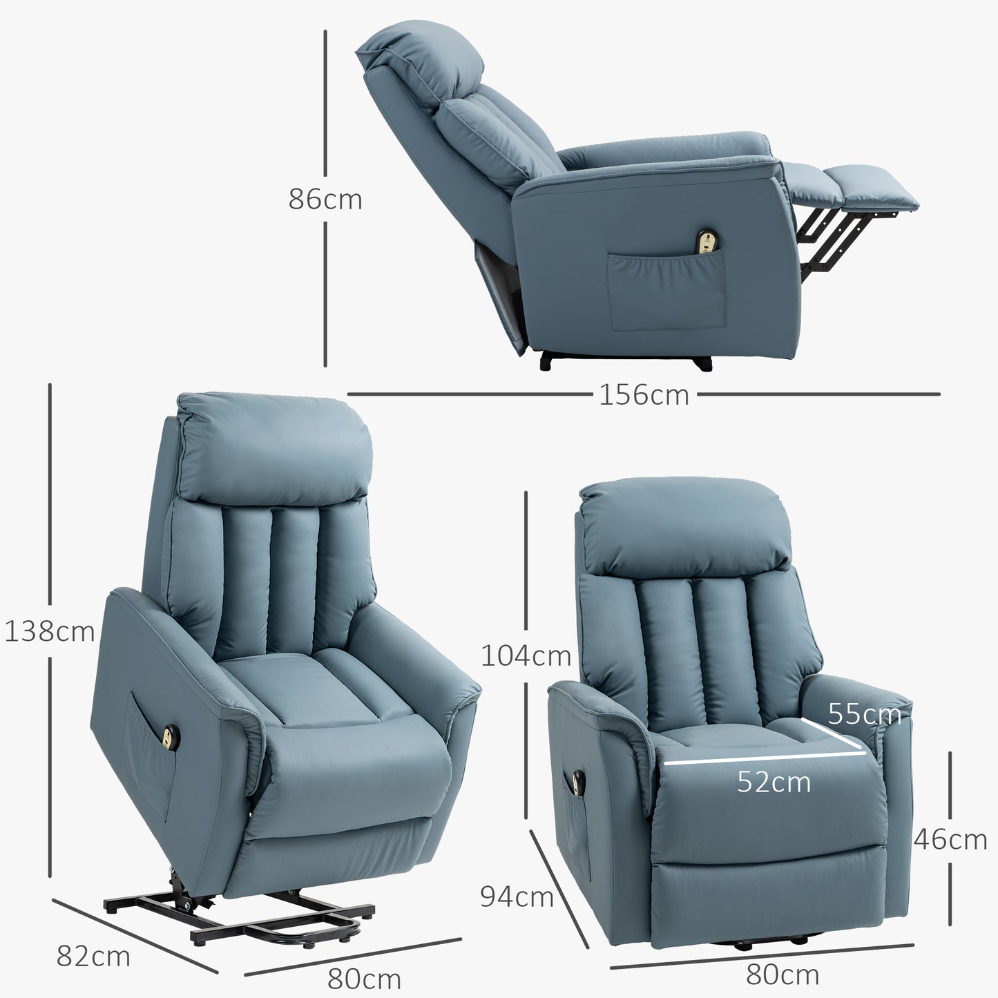 Electric Reclining Relaxation Armchair with Remote Control and Footrest, 80x94x104cm Light Blue