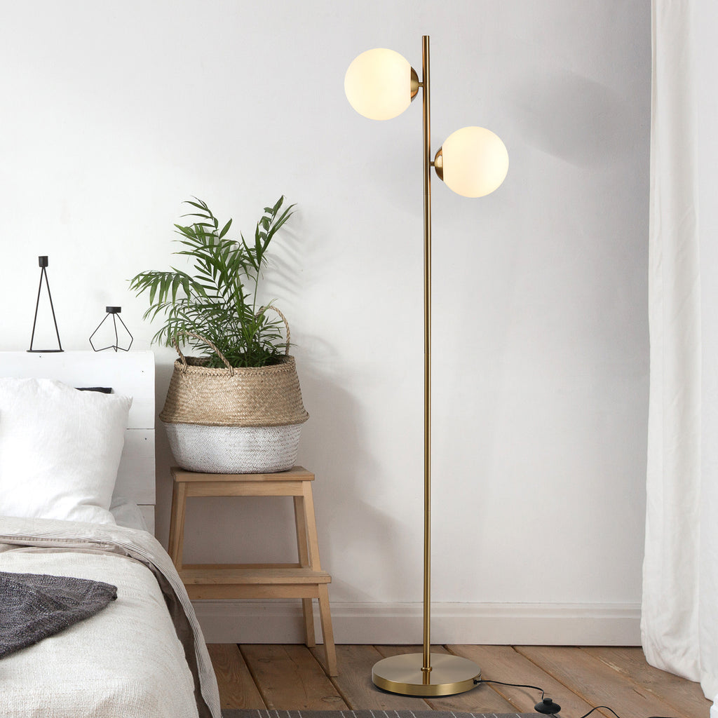 Floor Lamp with 2 Lights and Sphere Lampshades, Foot Switch and E27 Socket, Ø28x165 cm, Gold