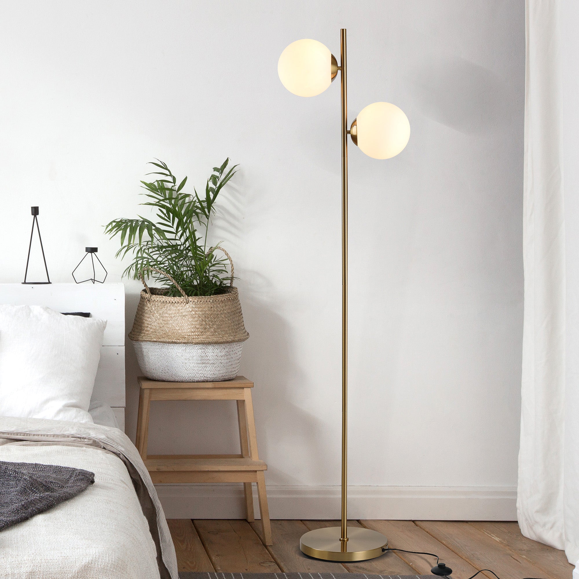 Floor Lamp with 2 Lights and Sphere Lampshades, Foot Switch and E27 Socket, Ø28x165 cm, Gold