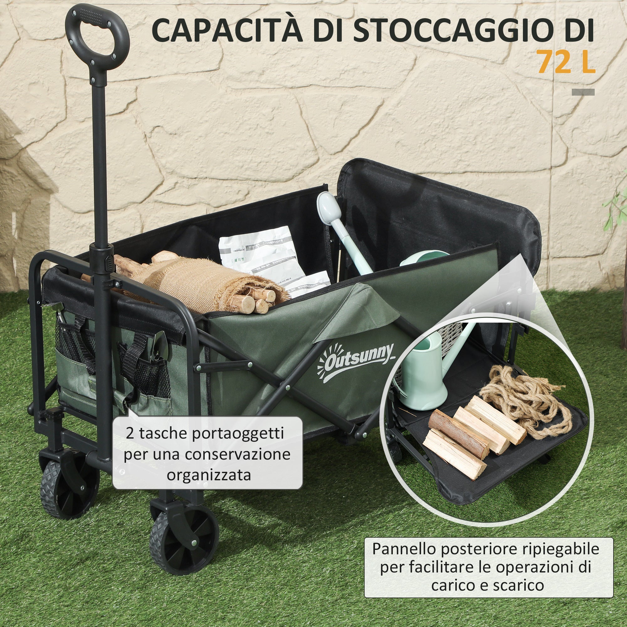 72L Folding Garden Trolley with Opening Panel, in Steel and Polyester, 114x46x65-92 cm, Green