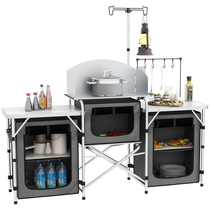 Folding Camping Kitchen with 5 Internal Shelves and 4 Hooks, 172x48x119 cm, Grey and Silver