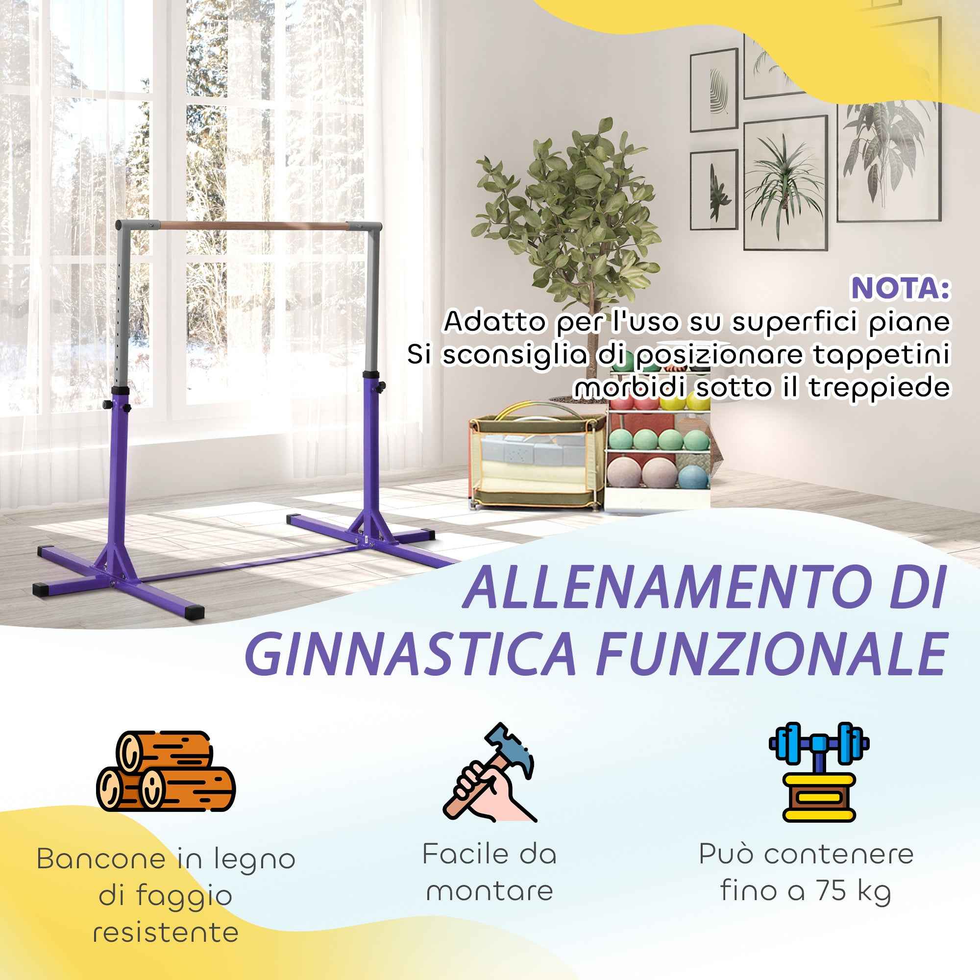 HOMCOM Height-Adjustable Gymnastics Bar for Children Ages 3+, Made of Steel and Solid Beech Wood, Purple