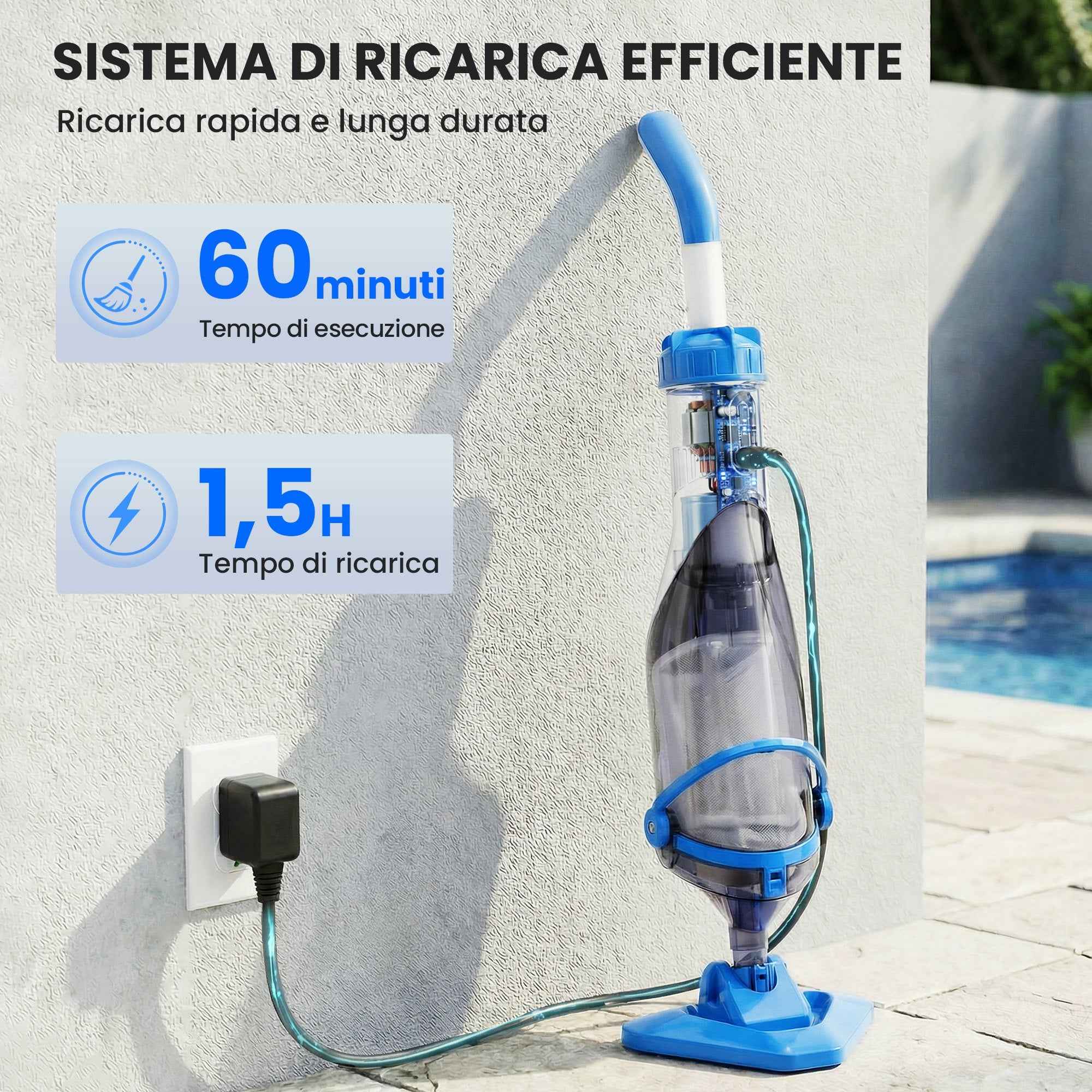 Outsunny Cordless Pool Vacuum Cleaner with Brush and Filters, Made of ABS and Aluminum, 90x24x13.5 cm, Blue