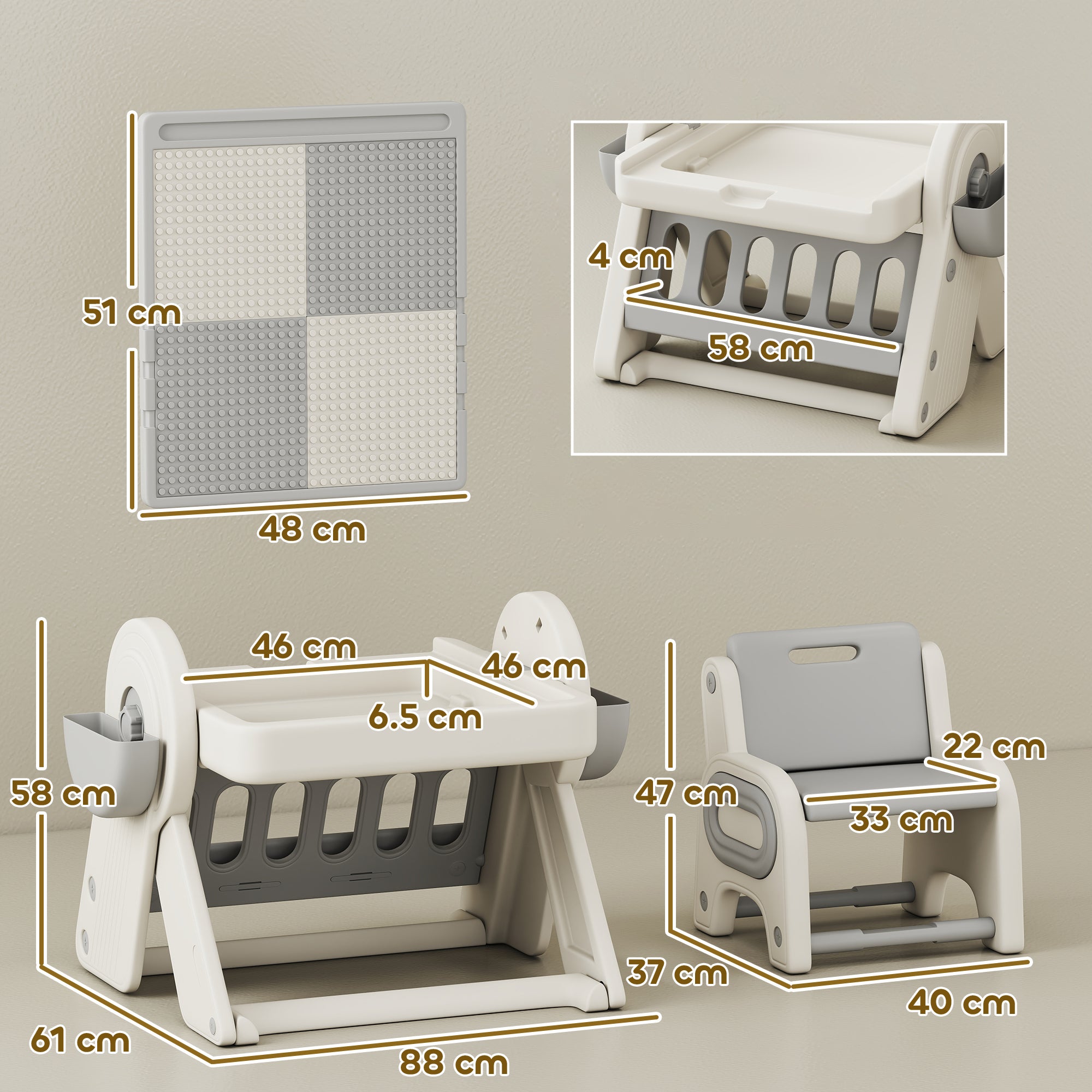 Multipurpose Children's Table with Storage Shelf and Drawers, in HDPE and PP, Grey and White
