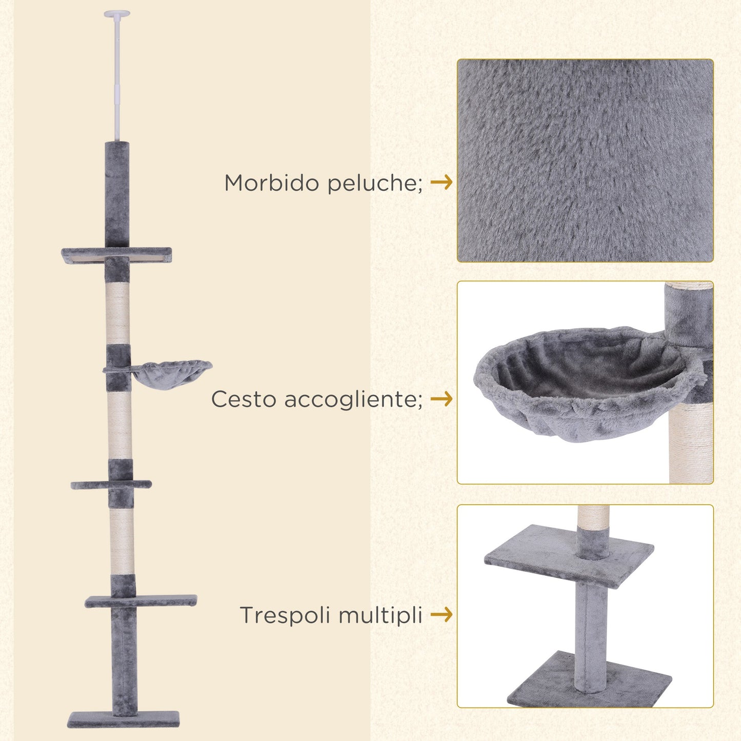 4-Tier Scratching Tree with Adjustable Height, in Chipboard, Plush and Sisal, 40x34x230-260 cm, Gray - Borgè