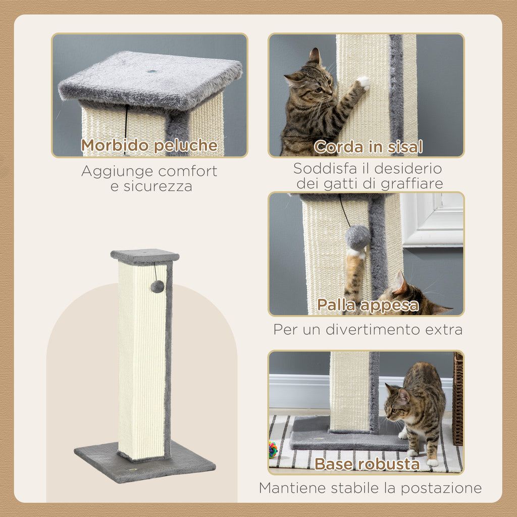 Scratching Post for Cats with Ball, Sisal Pole and Plush Cover, 41x41x81 cm, Gray