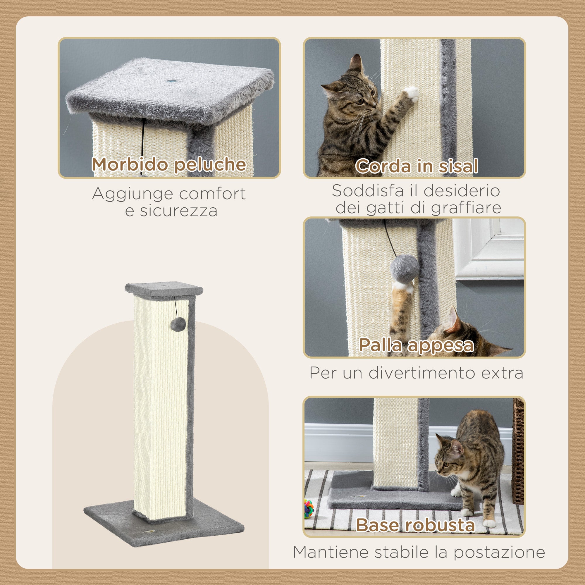 Scratching Post for Cats with Ball, Sisal Pole and Plush Cover, 41x41x81 cm, Gray
