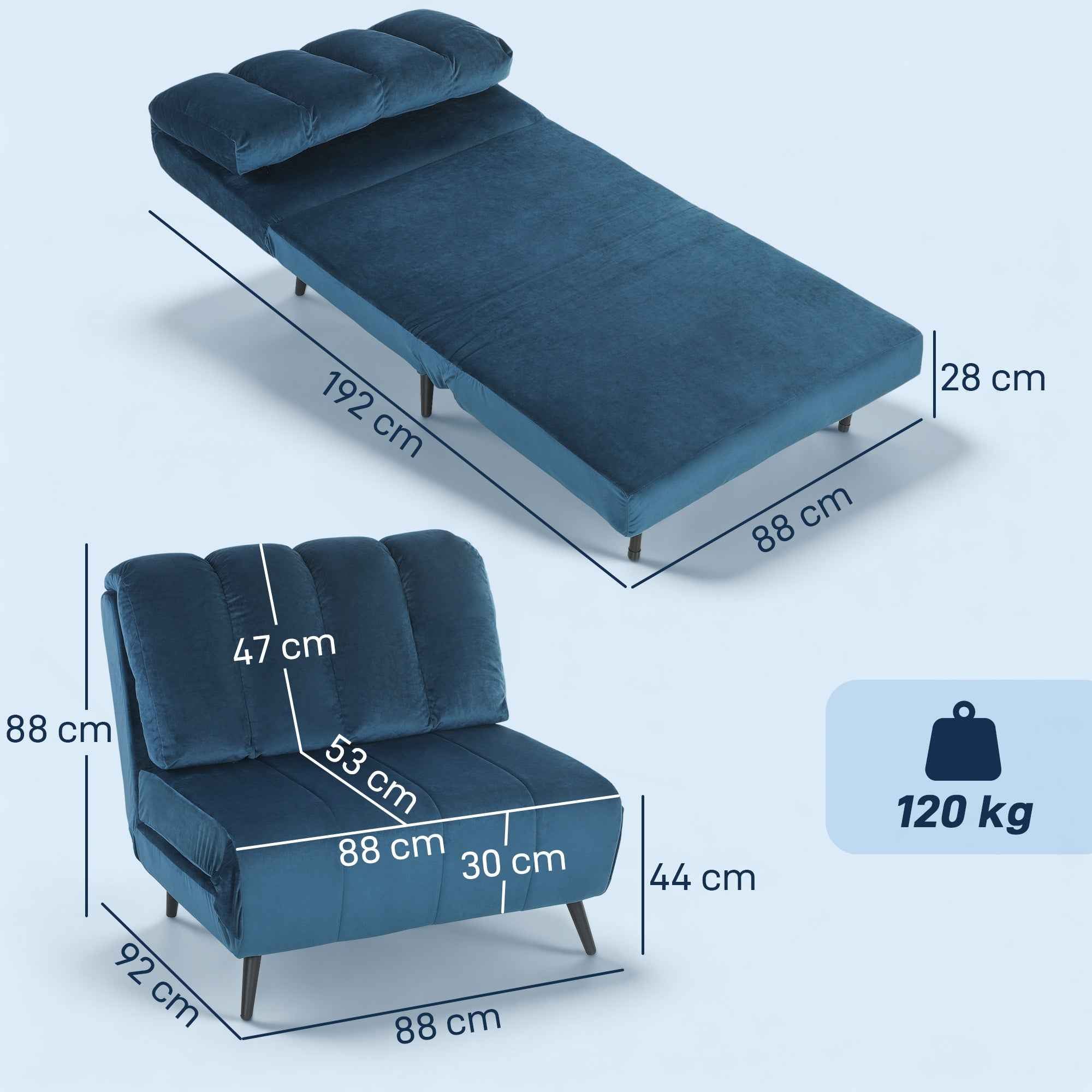 Folding Convertible Sofa Bed with Adjustable Backrest, Blue