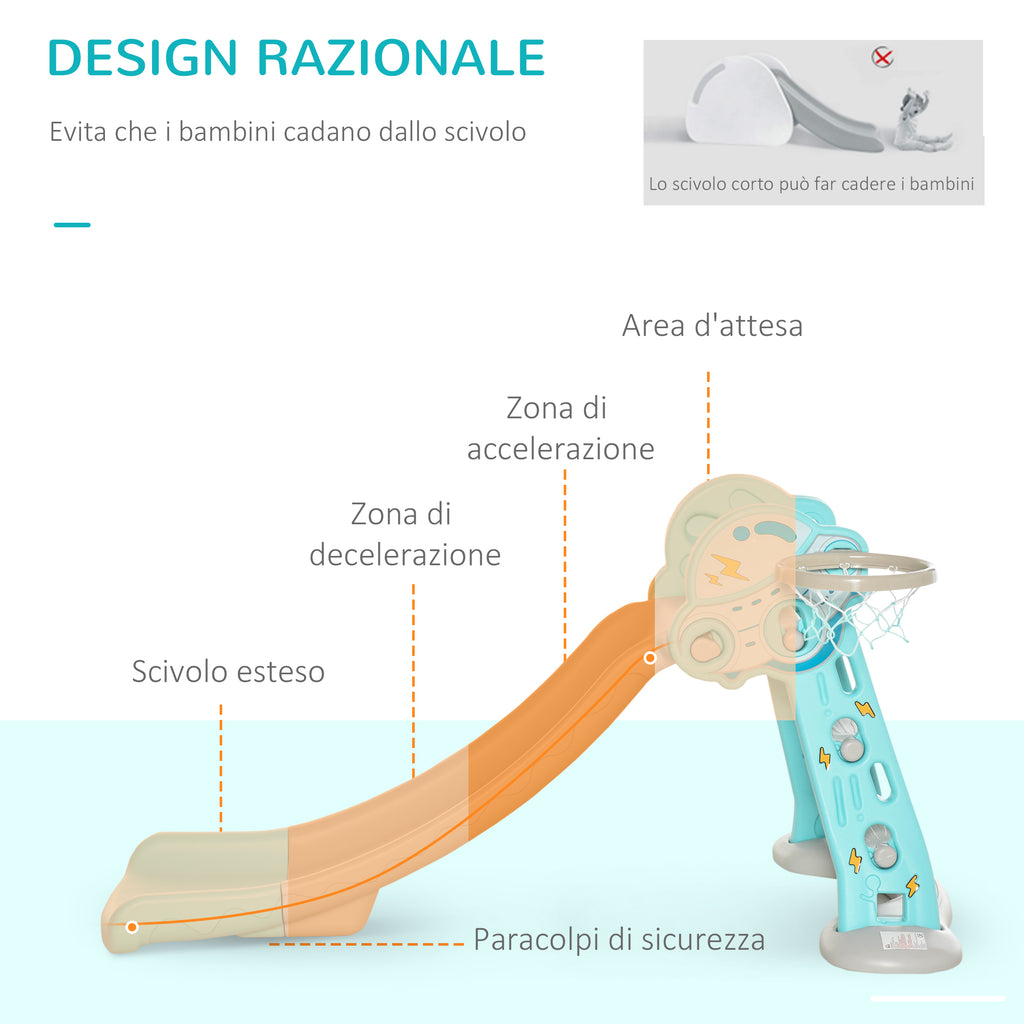 Foldable Slide for Children from 18 Months with 3 Steps and Basketball Hoop, 140x87x75cm, Blue and Grey