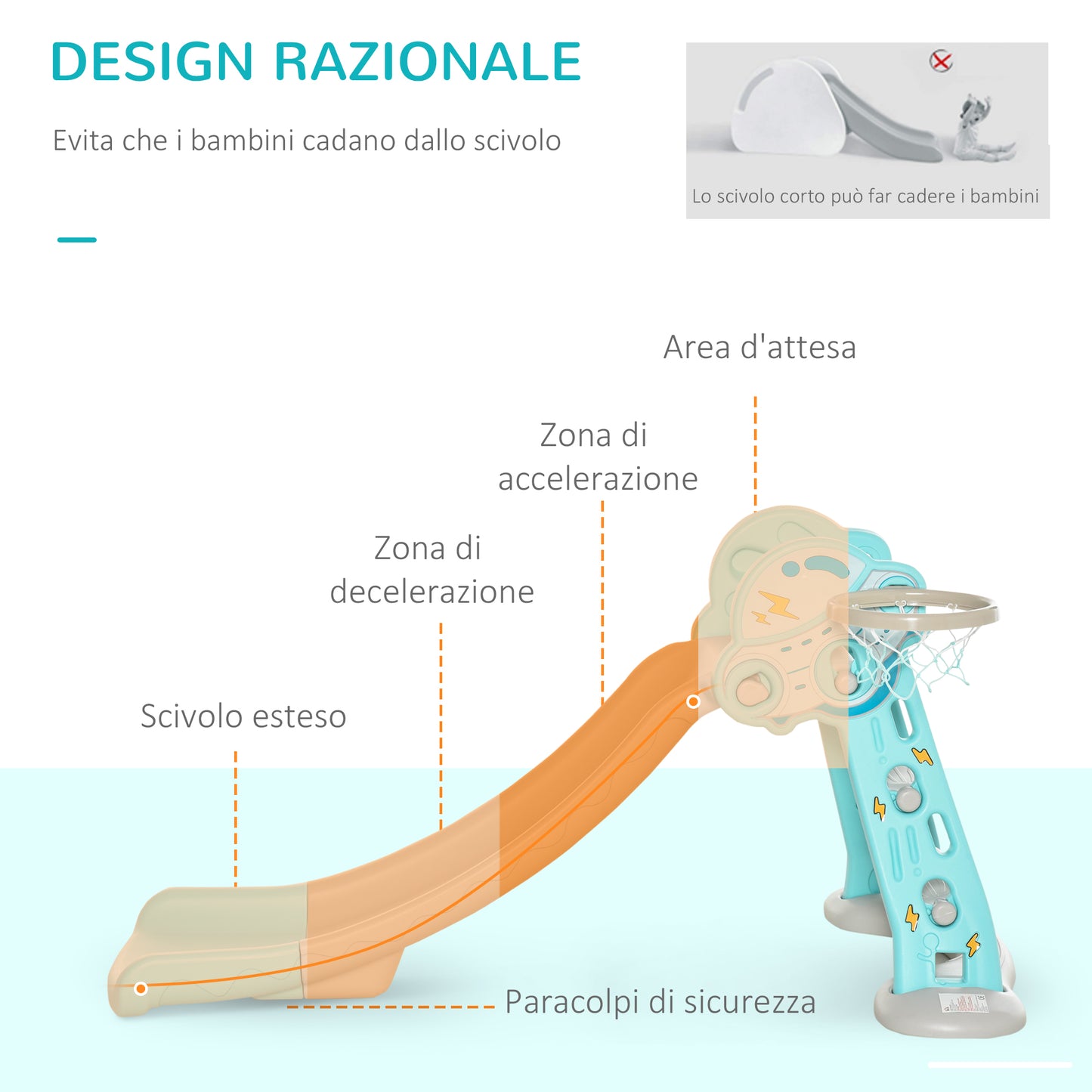 HOMCOM Folding Slide for Children from 18 Months with 3 Steps and Basketball Hoop, 140x87x75cm, Blue and Gray