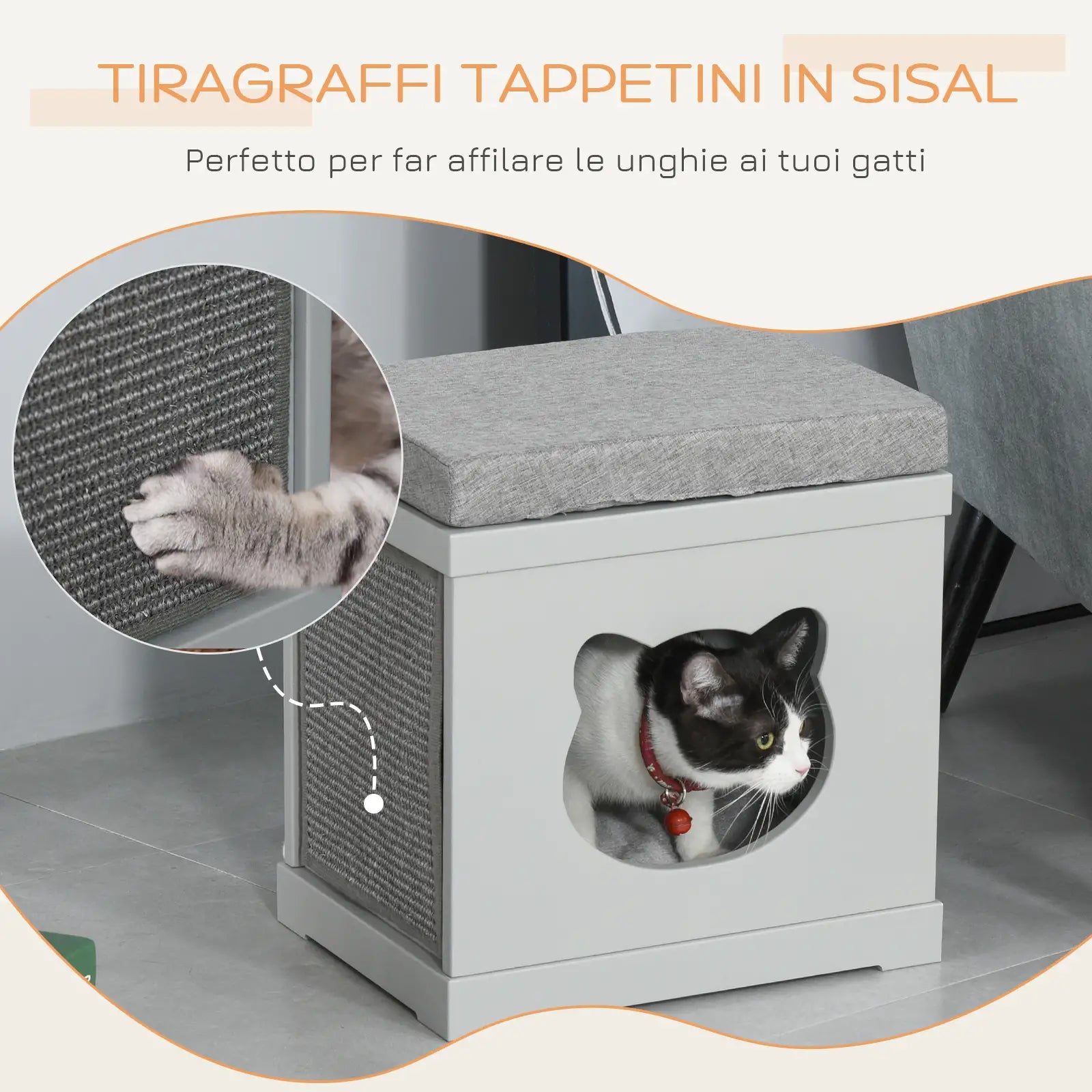 Wooden Cat House with 2 Pillows and Removable Scratching Posts, Grey, 41x30x36cm - Borge' Group Limited
