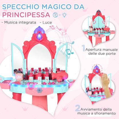 Dressing Table for Girls with Stool, Mirror, Lights and Accessories, in PP and GPPS, 57x34x76 cm, Multicolor