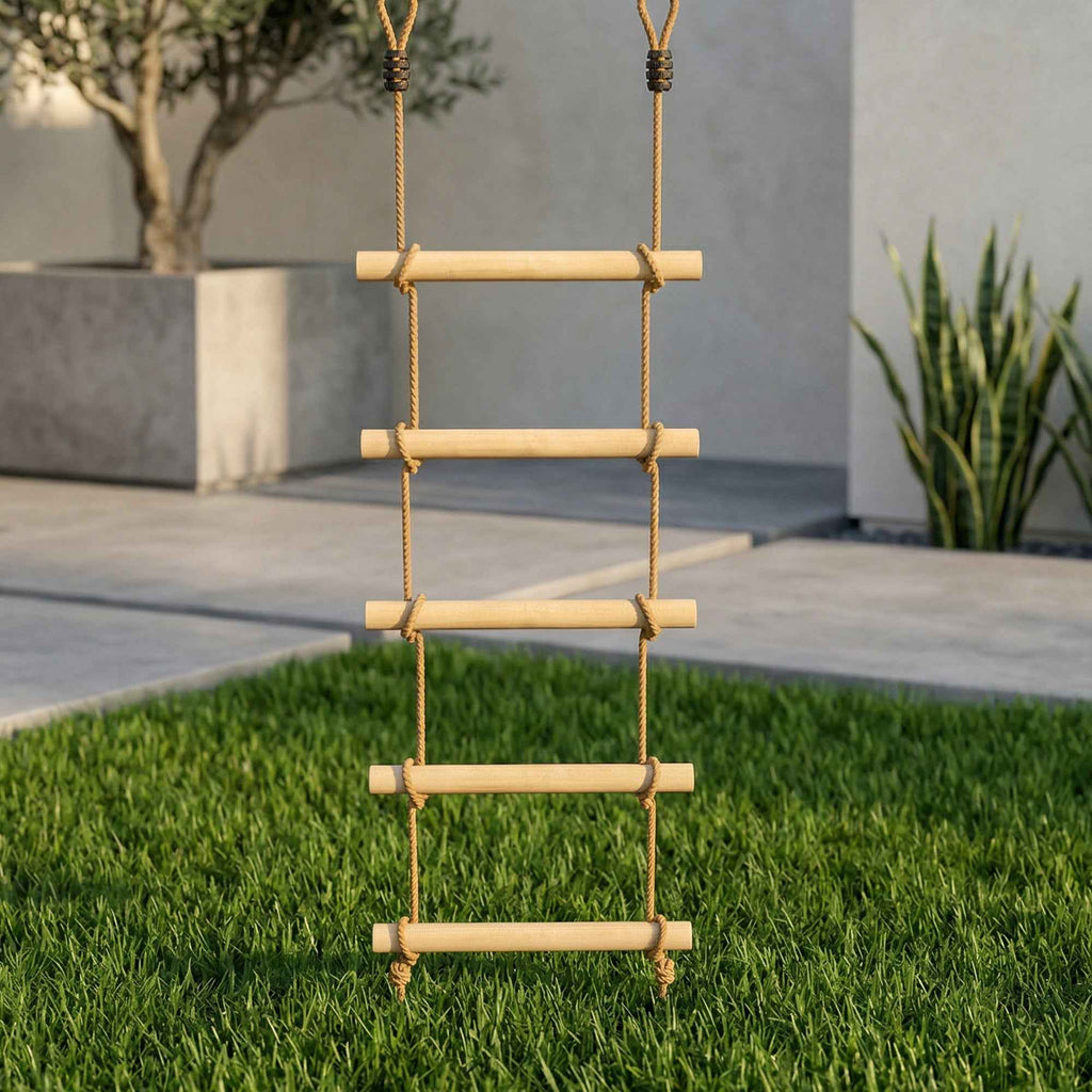 5-Rung Ladder for Children Ages 3-8 Years, with Buckles and Straps, Made of Wood and PE, Wood Color
