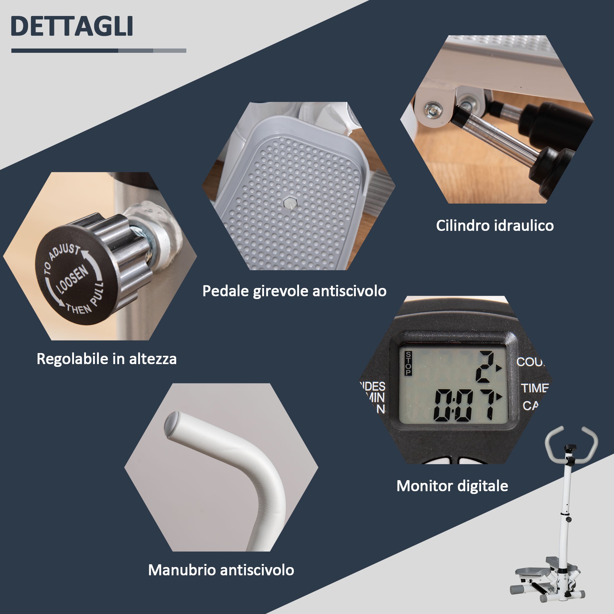 Stepper with LCD Monitor, Adjustable Handlebar and Elastic Bands, Made of Steel and ABS, White and Grey