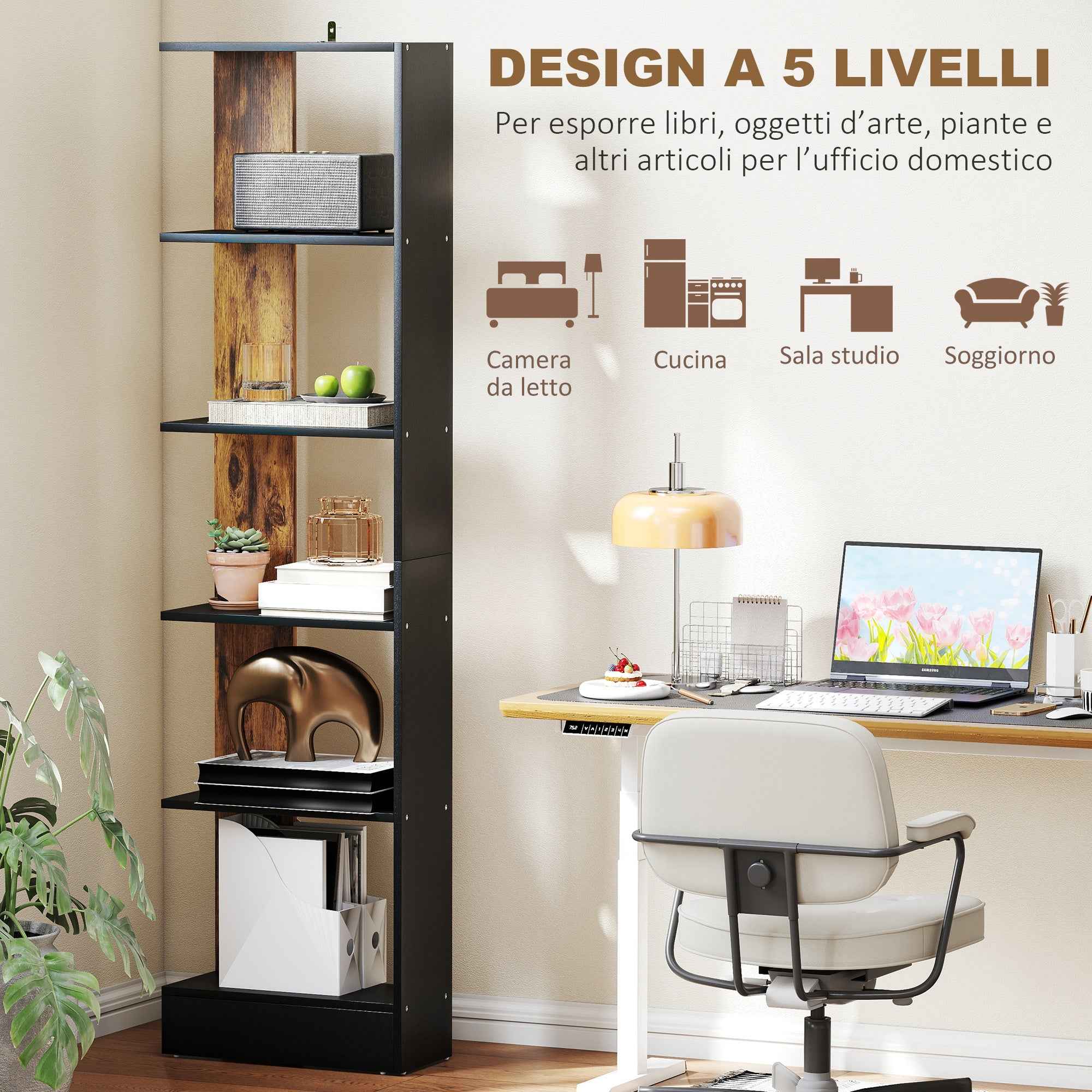 HOMCOM Modern Space-Saving 5-Tier Wooden Bookcase, 45 x 21 x 170 cm, Brown and Black