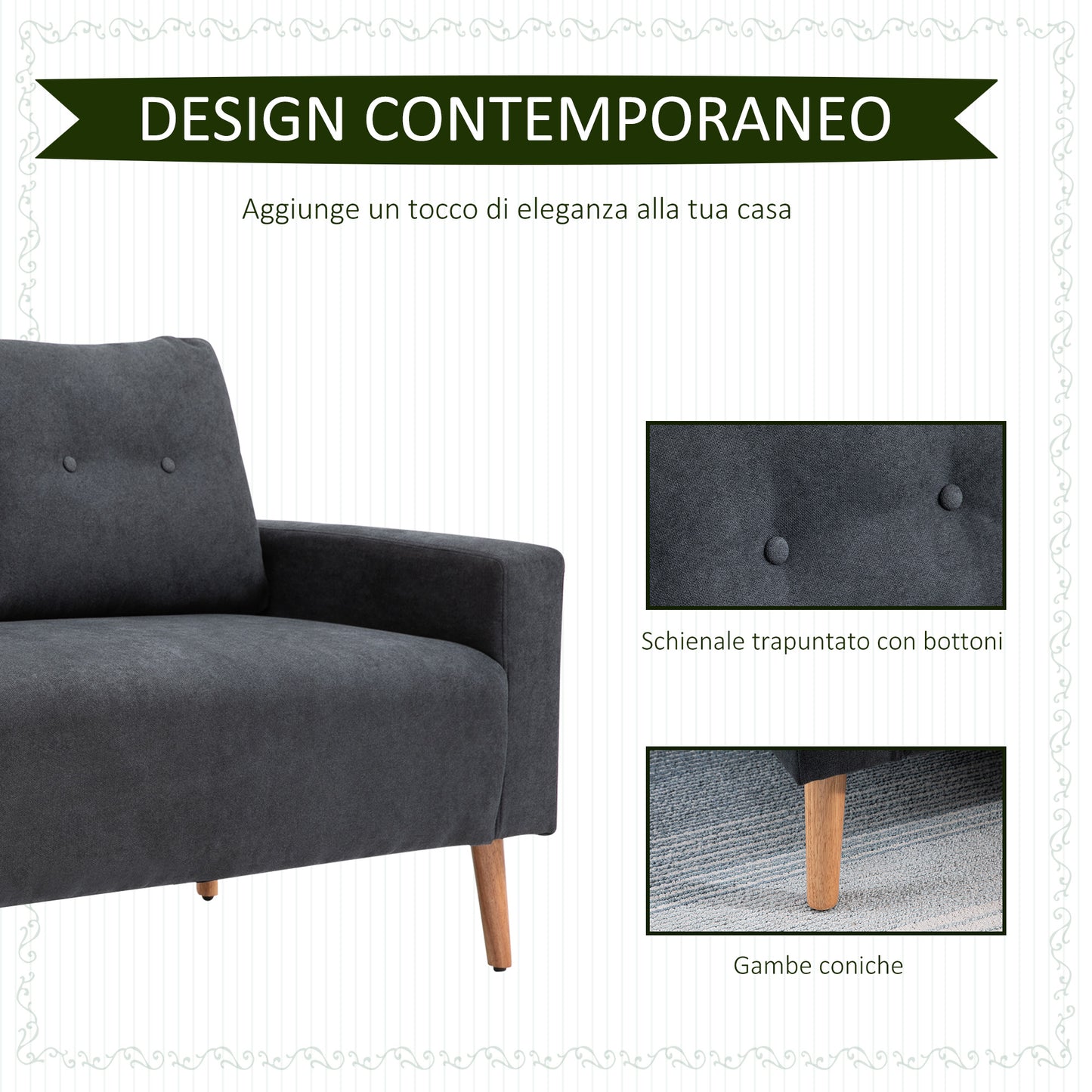 Modern 2-Seater Sofa in Nordic Style with Quilted Backrest in Fabric, 145x76x88 cm, Grey