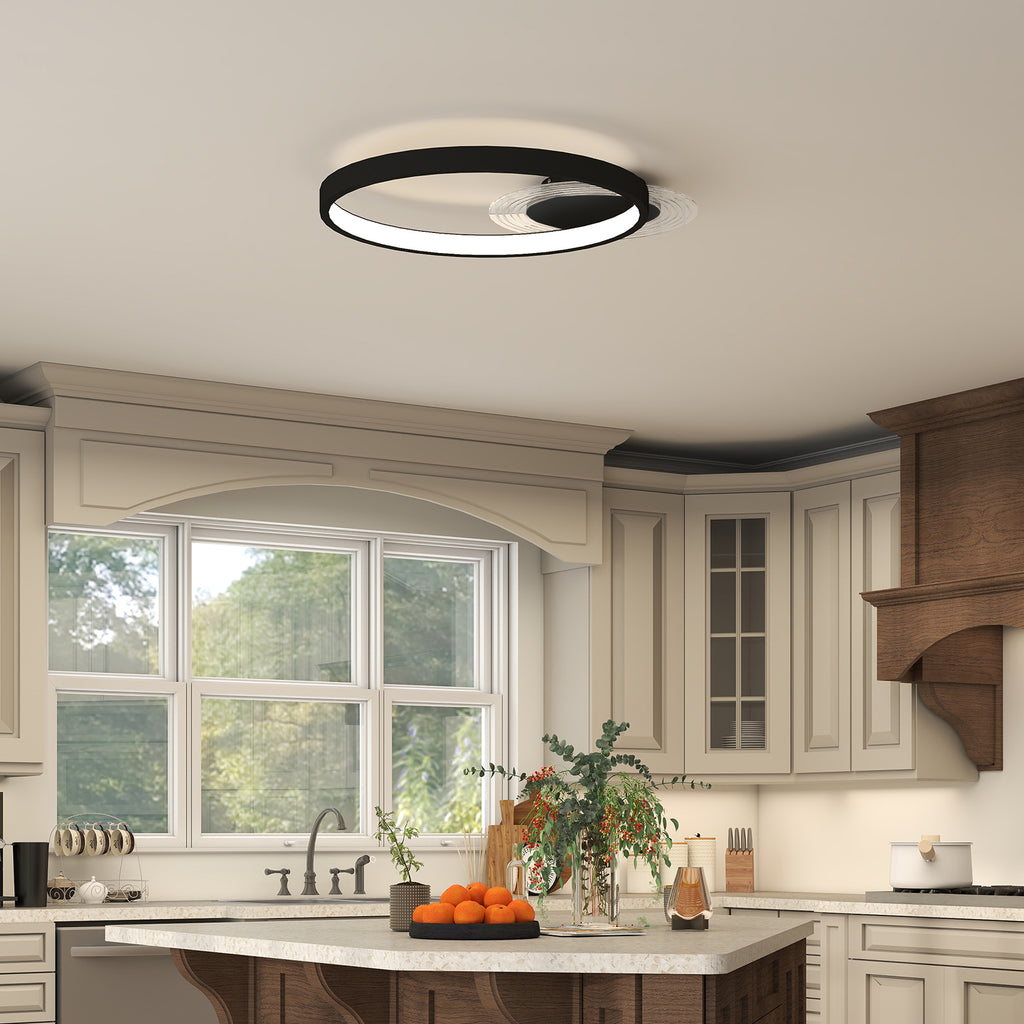 Modern 2-Ring LED Ceiling Light with Adjustable Brightness, 30W Power, Black