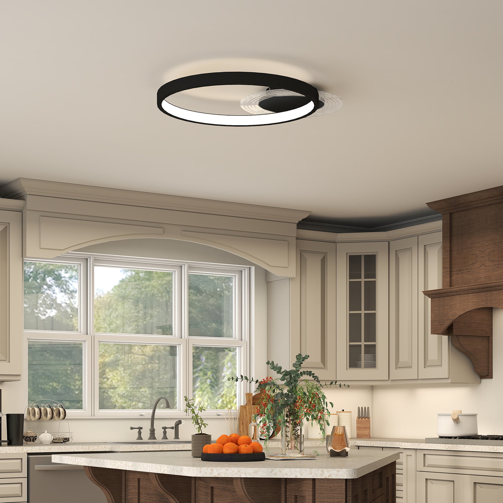 Modern 2-Ring LED Ceiling Light with Adjustable Brightness, 30W Power, Black