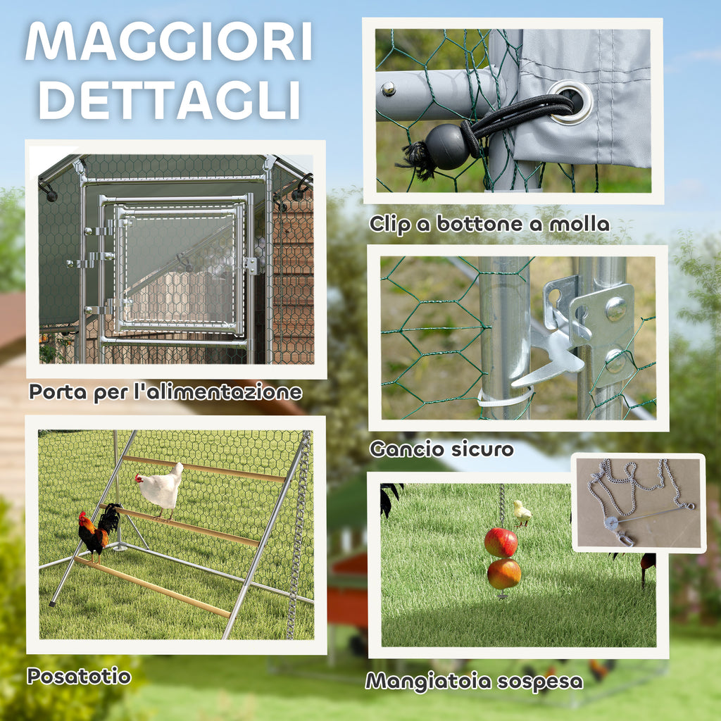 6m² Chicken Coop for 6-8 Animals with Waterproof Roof, Feeder and Perch, 3x2x1.9m, Silver