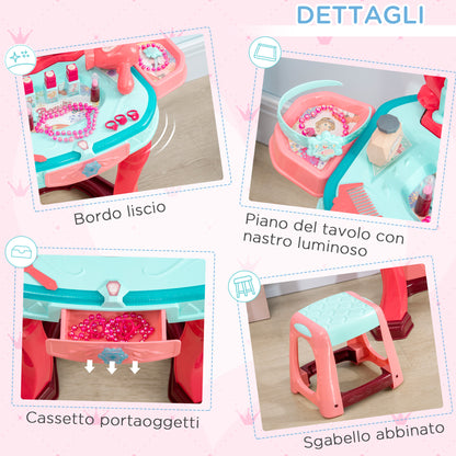 Dressing Table for Girls with Stool, Mirror, Lights and Accessories, in PP and GPPS, 57x34x76 cm, Multicolor