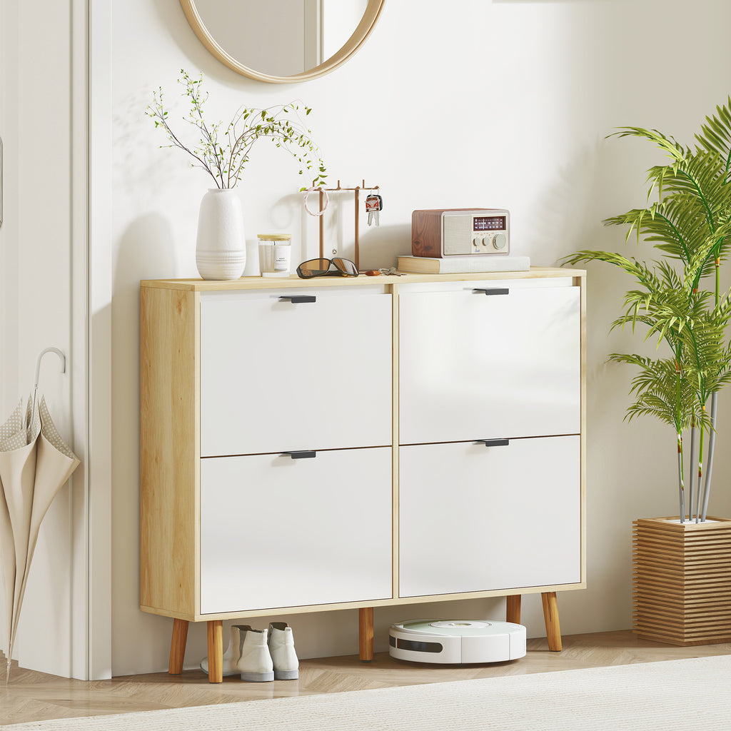 Slim Modern Shoe Rack with 4 Tilting Drawers for 20 Pairs of Shoes, 105x24x92.5 cm, White