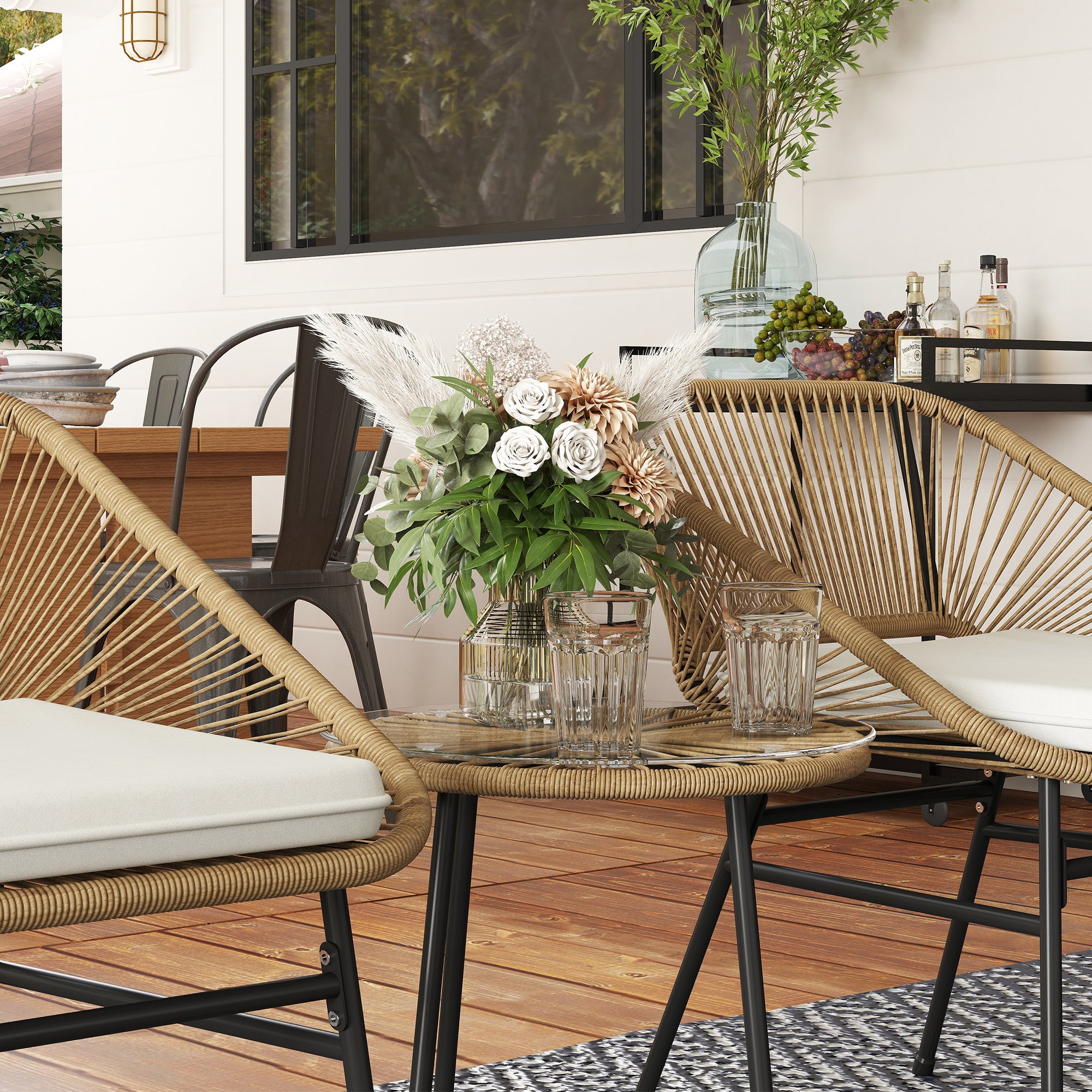 3 Piece PE Rattan and Steel Garden Set with 2 Chairs with Cushions and Round Table, Multicolor