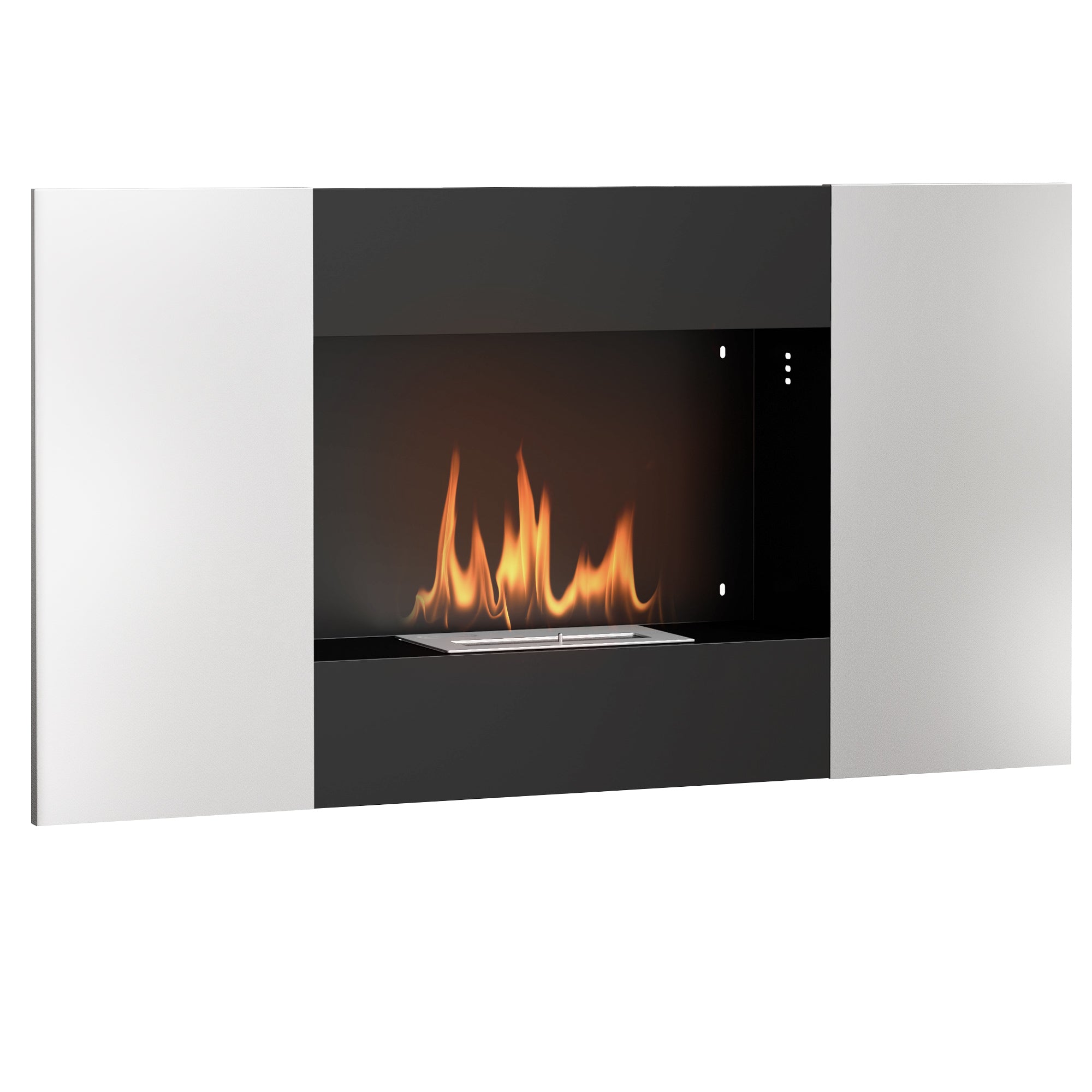 Wall Mounted  0.9L Bioethanol Fireplace with Protective Panel, Stainless Steel and Glass, 100x15x54 cm, Black and Silver